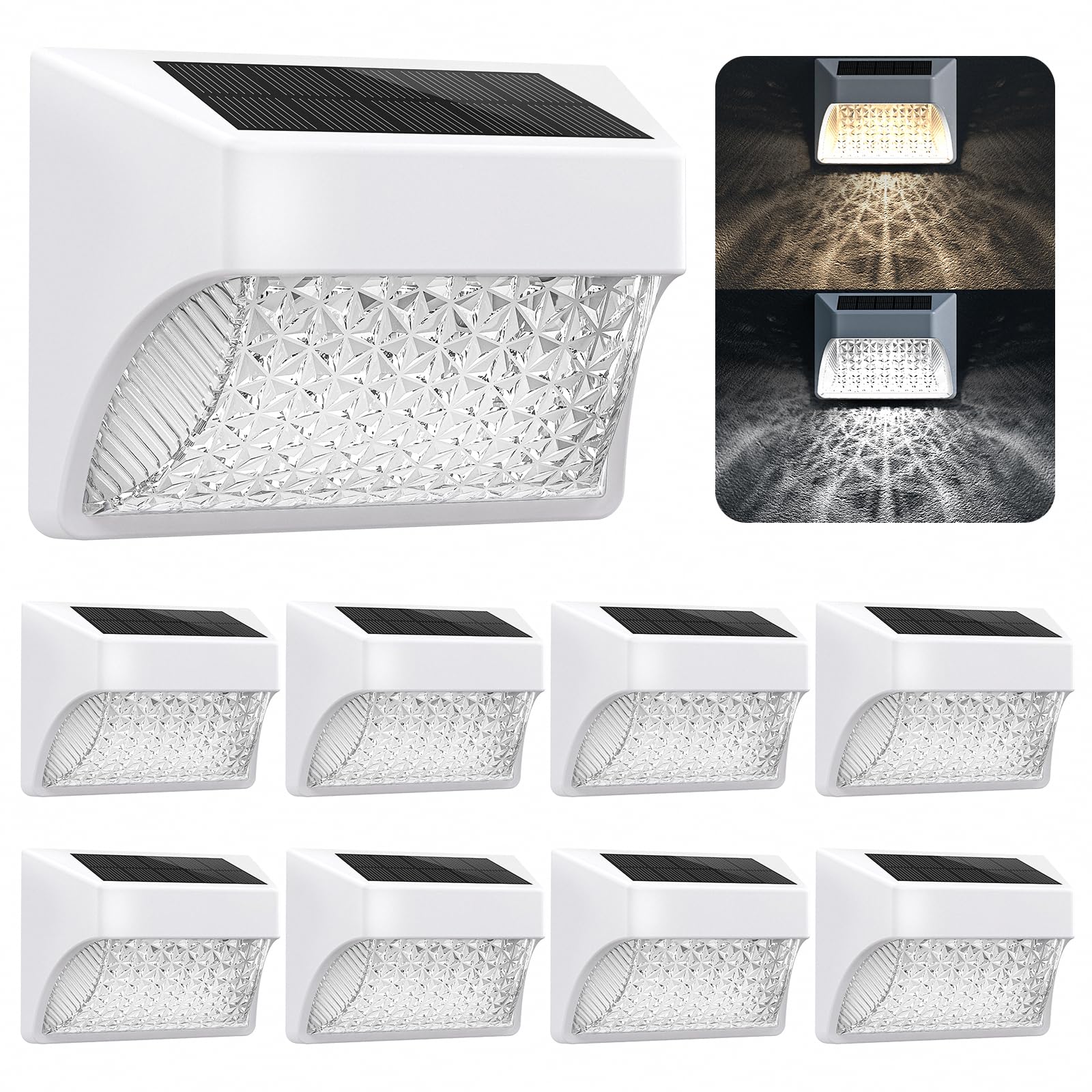 NACINIC Solar Fence Deck Lights, 8 Pack Waterproof Dusk to Dawn, Warm White/Cool White, Medium, Pear White, Model F-01