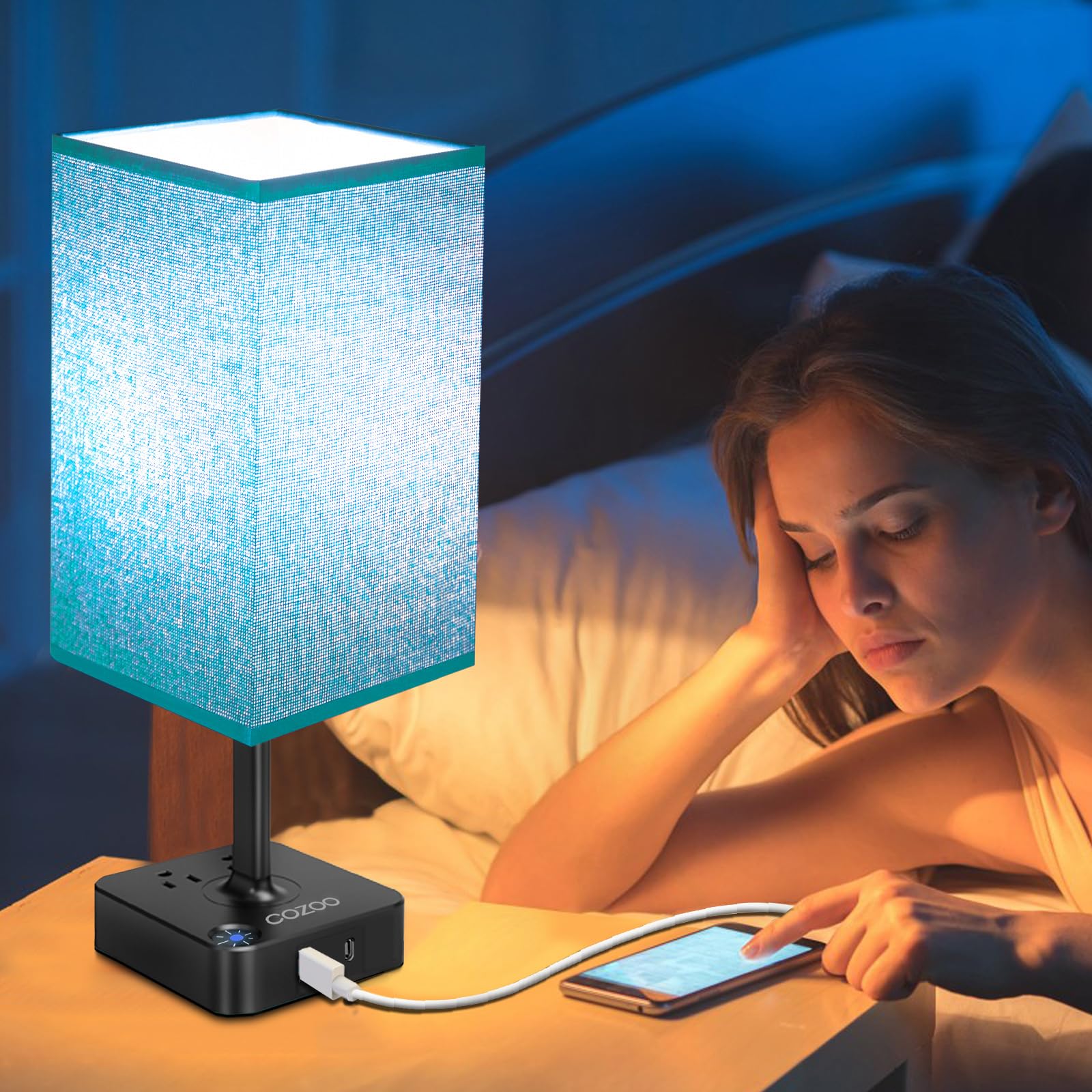 Cozoo Usb Bedside Dimmable Table Desk Lamp With 2 Usb Charging Ports 2 Outlets Power Strip,Black Charger Base Green Fabric Shade