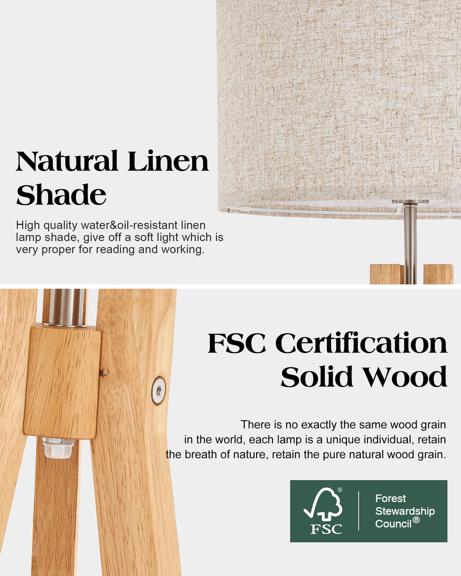 ELYONA Nordic Wood Tripod Floor Lamp - Modern Reading Light with 3 Color Temperatures, Natural Wood, Model UF1103-NAT