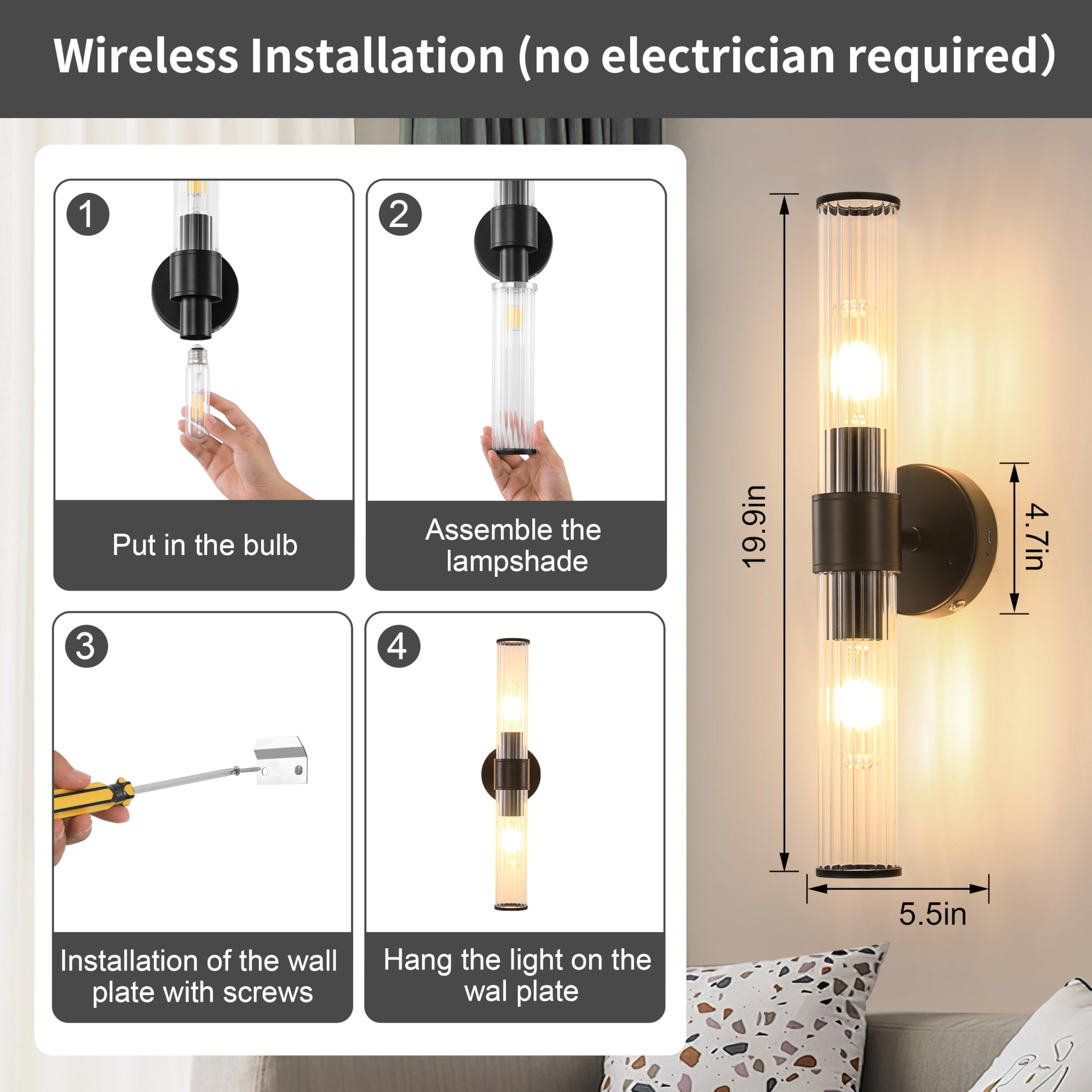 Battery Operated Wall Sconces Set of 2, Rechargeable Wall Lights with Dimmable Remote Control, 20 Modern Sconce Wall Lighting, B