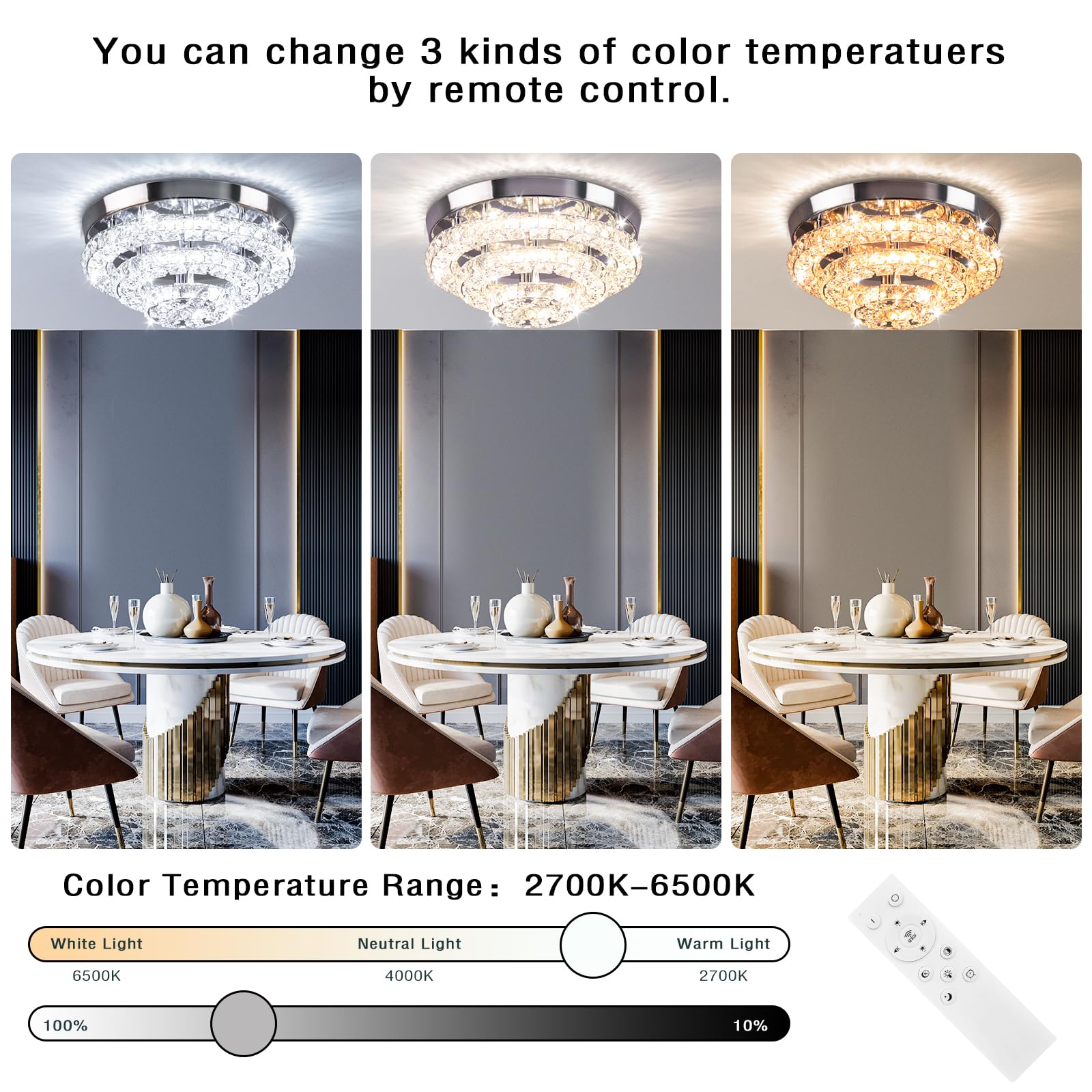 Cainjiazh Crystal Chandelier LED Flush Mount Light Fixture, 11.8in, Stainless Steel, Dimmable with Remote Control, Modern Three-Tier Design