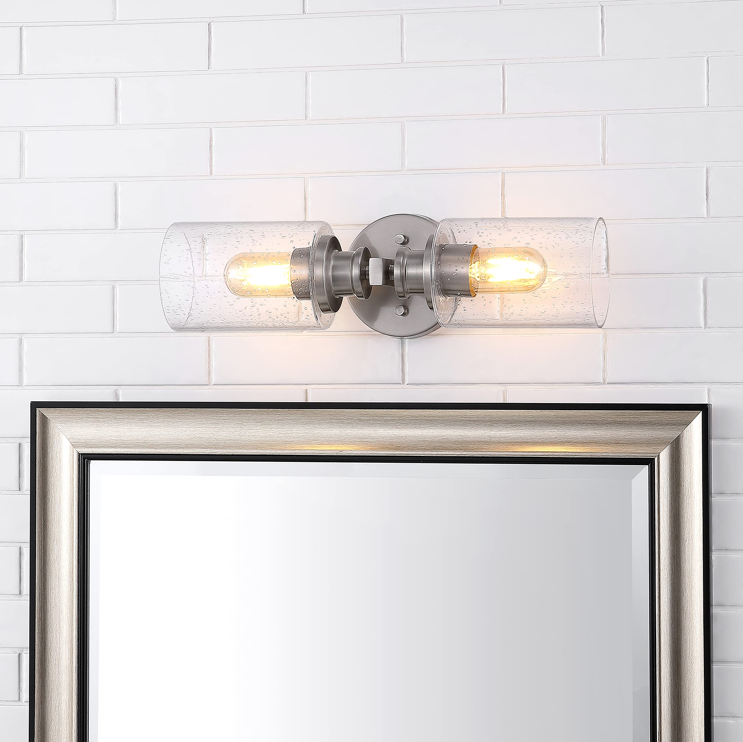 JONATHAN Y 16.5in Cylinder Vanity Light, 2-Light Iron/Seeded Glass, Nickel, Model JYL7577C, Farmhouse Contemporary Design