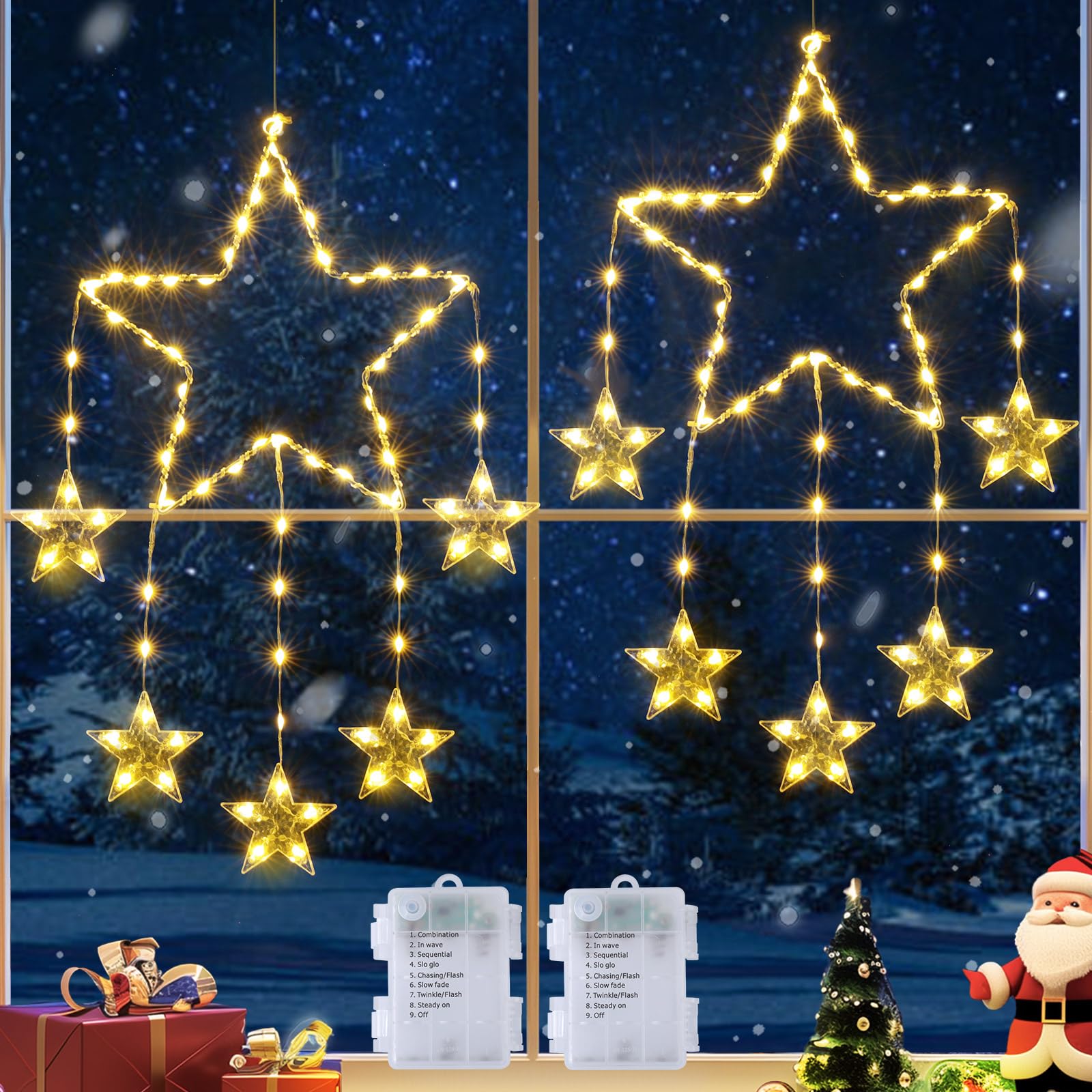 Marchpower LED Christmas Window Star Lights - 2Pack Dreamy Catch Star Decoration Battery Operated 8Modes with Timer Hanging Xmas Lights for Indoor Outdoor Glass Window Wall Wedding Party Holiday Decor