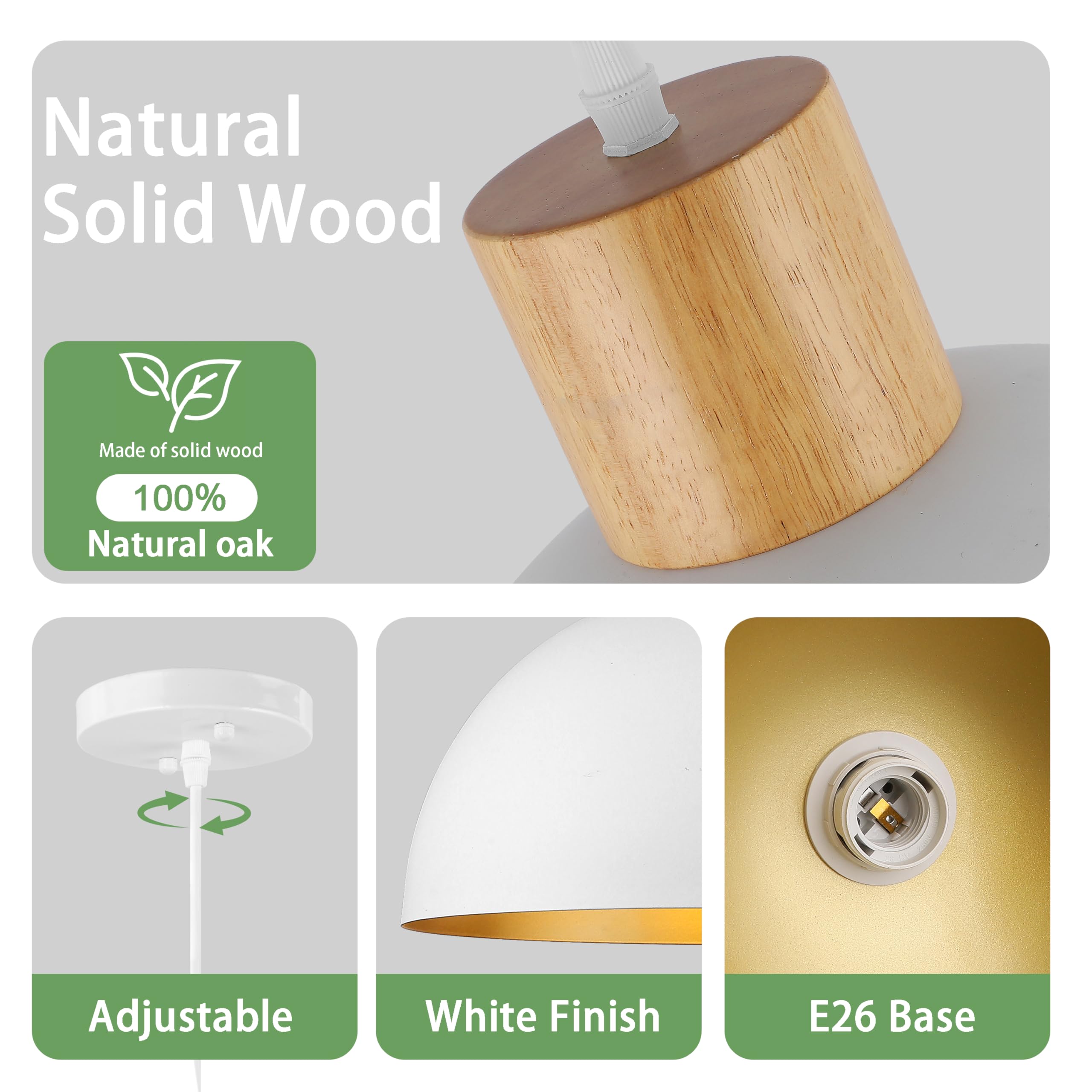 Qianzhan White Pendant Light, 11.8'' Wood Dome Pendant Lights Fixtures Adjustable Modern Hanging Lighting, For Kitchen Island Di