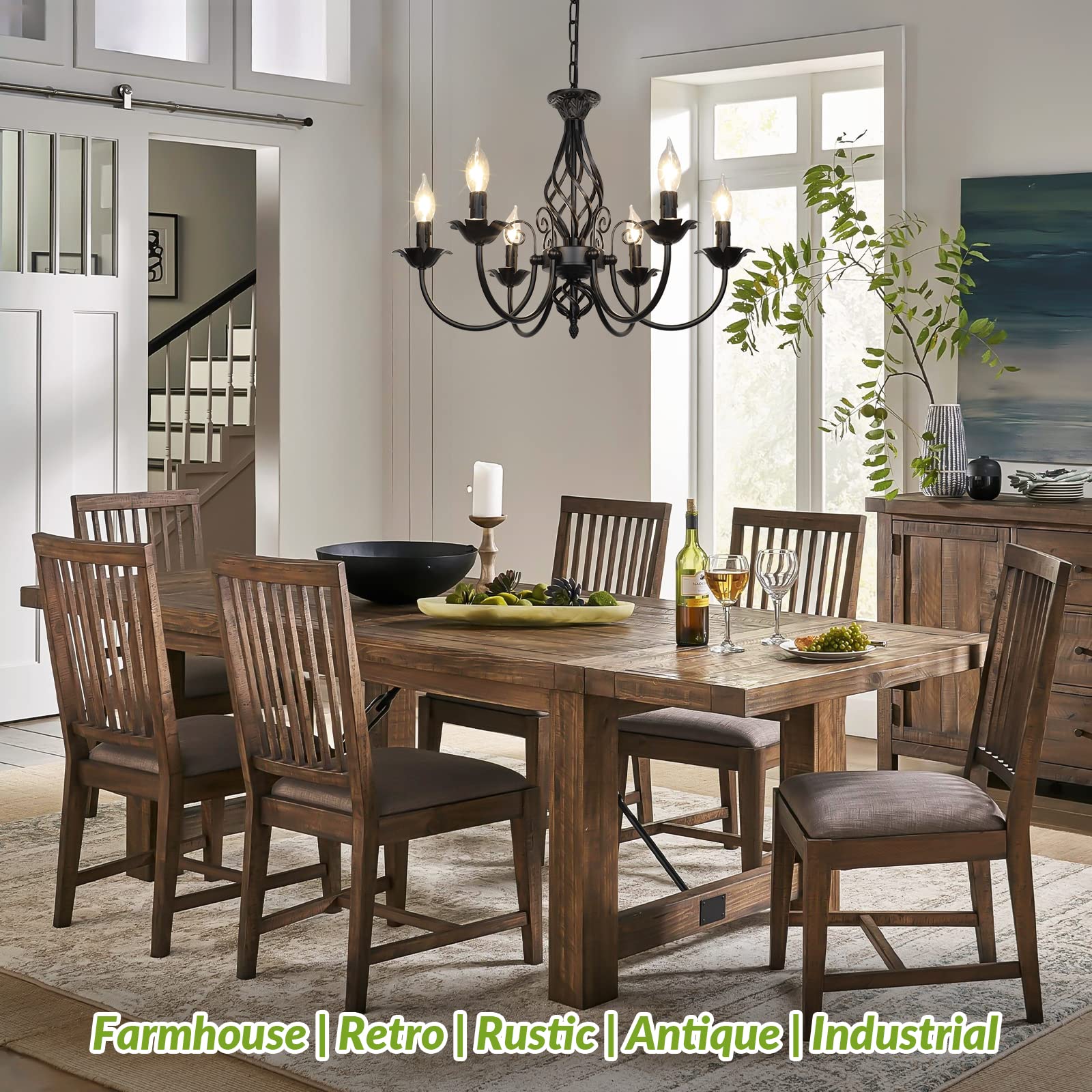 VerRon 6-Light Farmhouse Candle Chandelier, Matte Black Metal Pendant Light, Rustic Vintage Design for Living Room, Bedroom, Kitchen, Model JP21503
