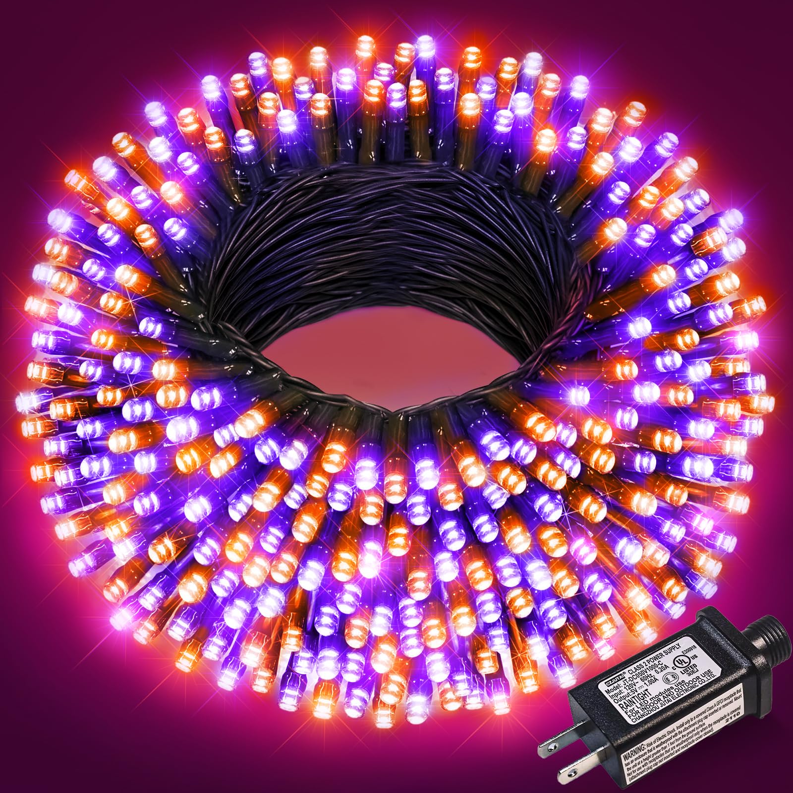 Nielfoi 100FT 300 LED Purple Orange Christmas Lights, Waterproof String Lights with 8 Modes, Green Wire, Model BG-CL3M3-306L01