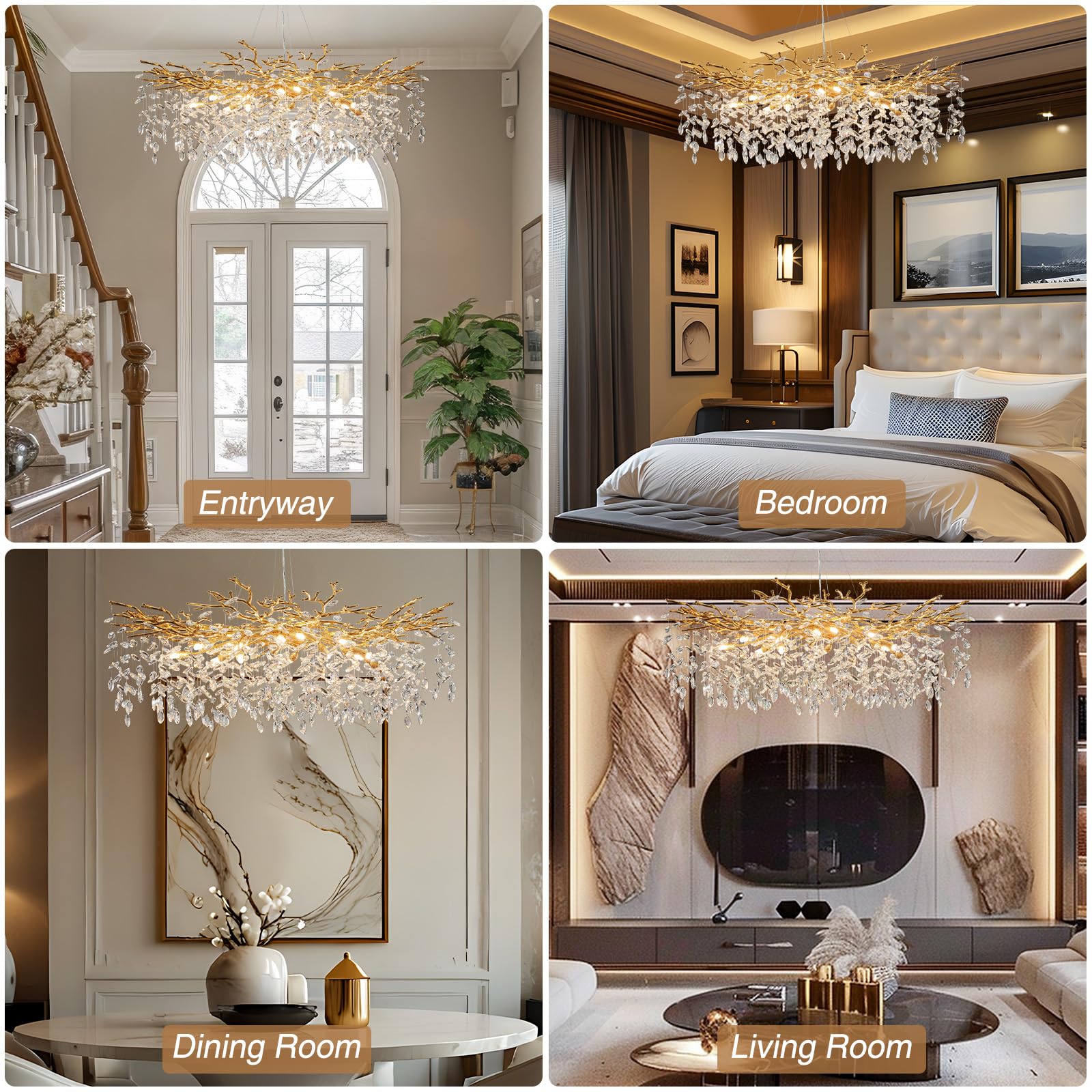YUYI Modern Crystal Chandelier - 47" Gold Tree Branch Design, 18-Lights Raindrop Fixture for Dining Room, Kitchen, Living Room