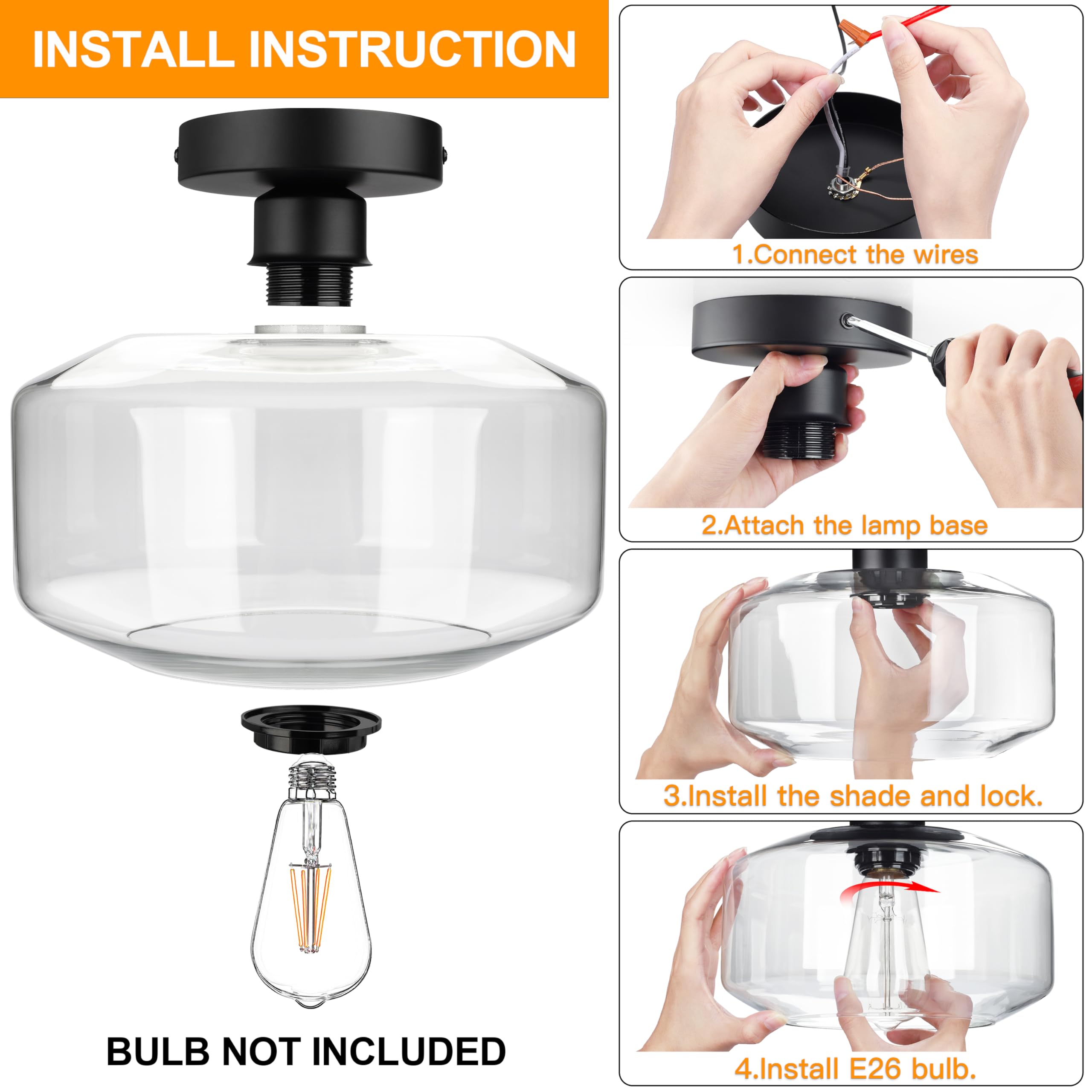 Maxvolador Industrial Semi Flush Mount Ceiling Light Extra Large, Clear Glass Pendant Lamp Shade, Lighting For Hallway, Vintage