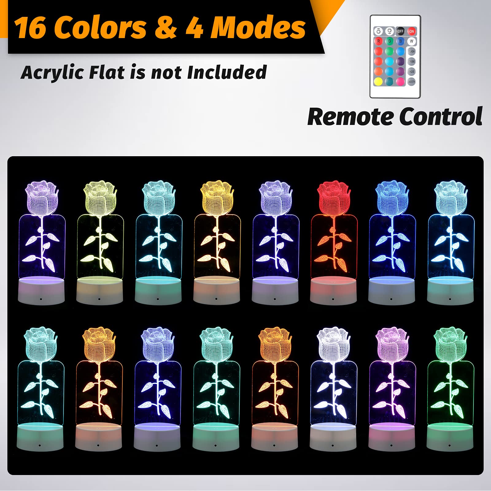 Honoson 3D Night LED Light Lamp Base, 16 Colors, Remote Control, 3.35 Inch, Black/White, for Acrylic and Resin Display