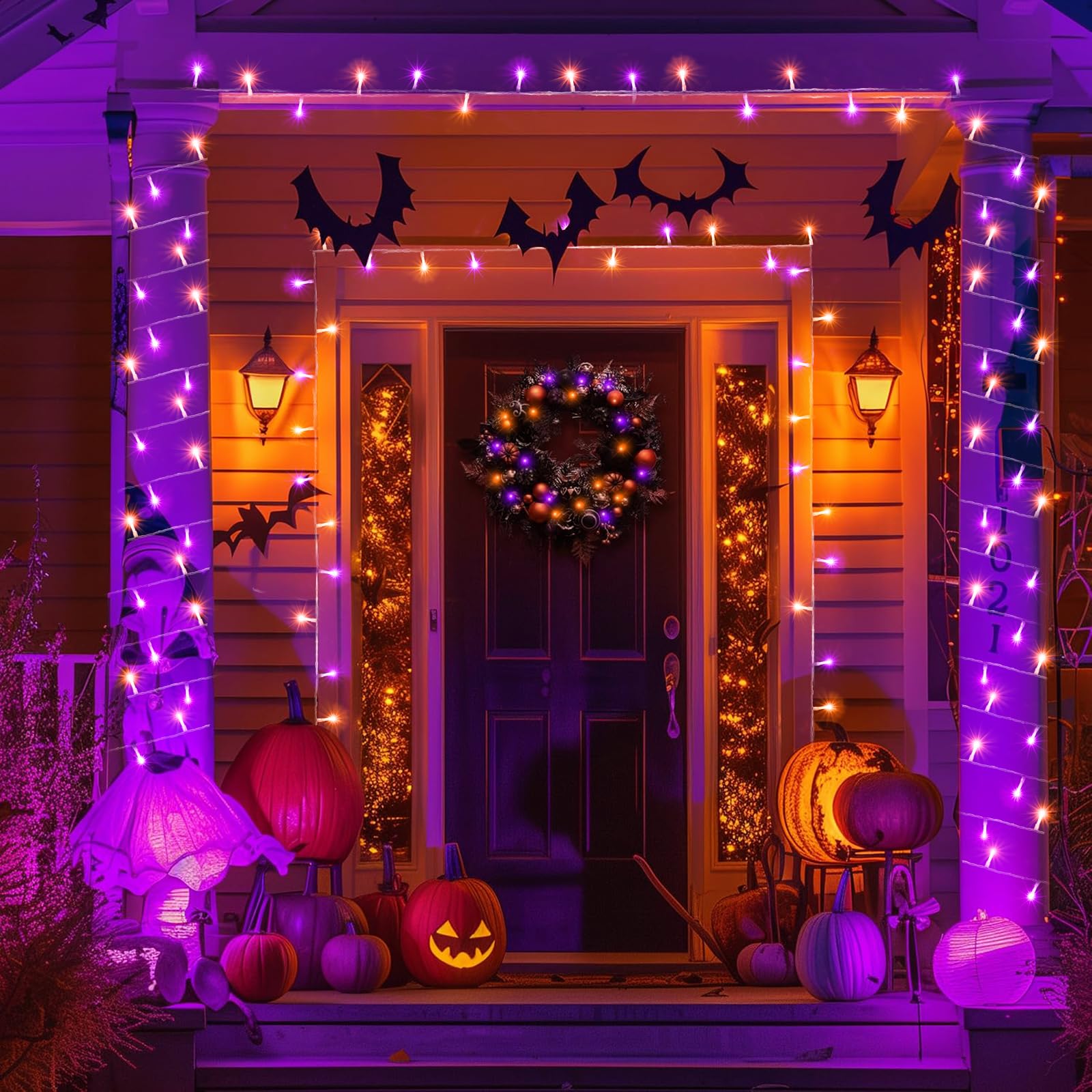 Einiiya 600 Led Christmas String Lights Outdoor  197 Ft String Lights Outdoor Clear Wire With 8 Modes  Plug In Waterproof Lights For Tree Party Christmas Thanksgiving Decorations  Purple&Orange