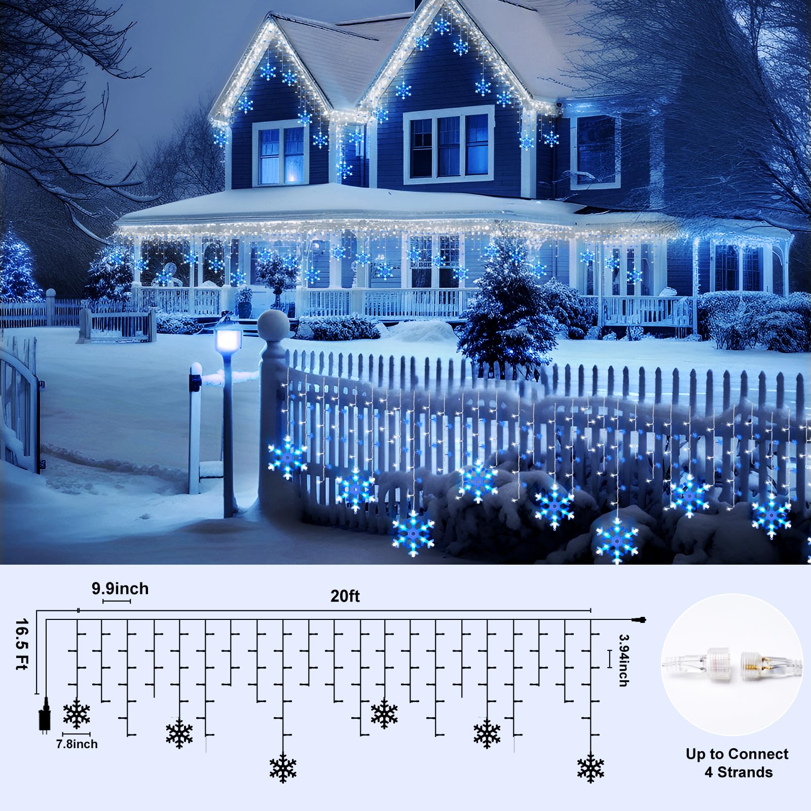 Minetom Icicle Lights Outdoor, 20FT 200 LED, 8 Modes, Timer, Waterproof, Blue & White, Model DMO-300