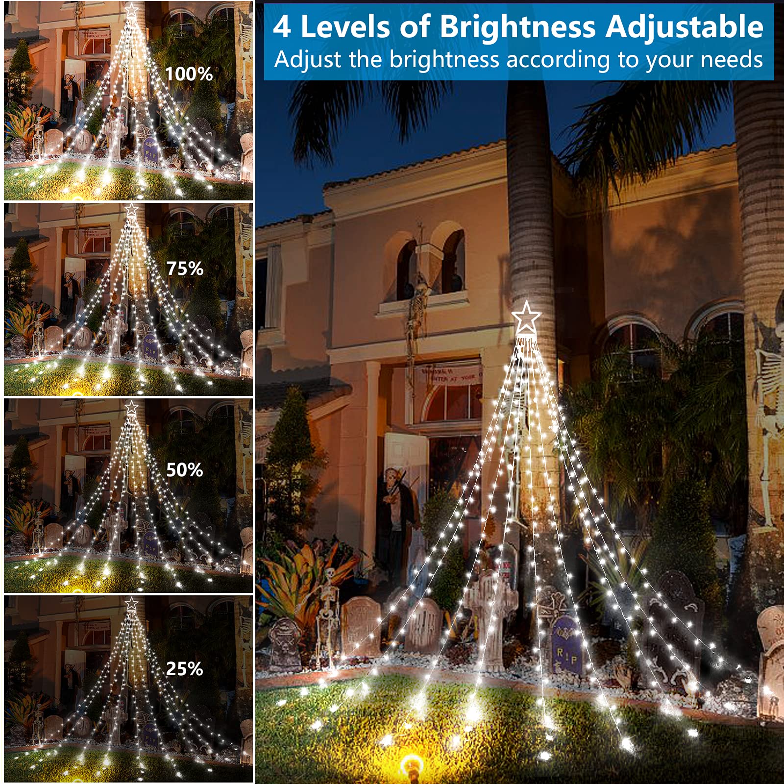 Decute Christmas Decorations Outdoor String Lights 8 Modes and Timer with Remote, Waterproof 320 LED Christmas Tree Lights Star
