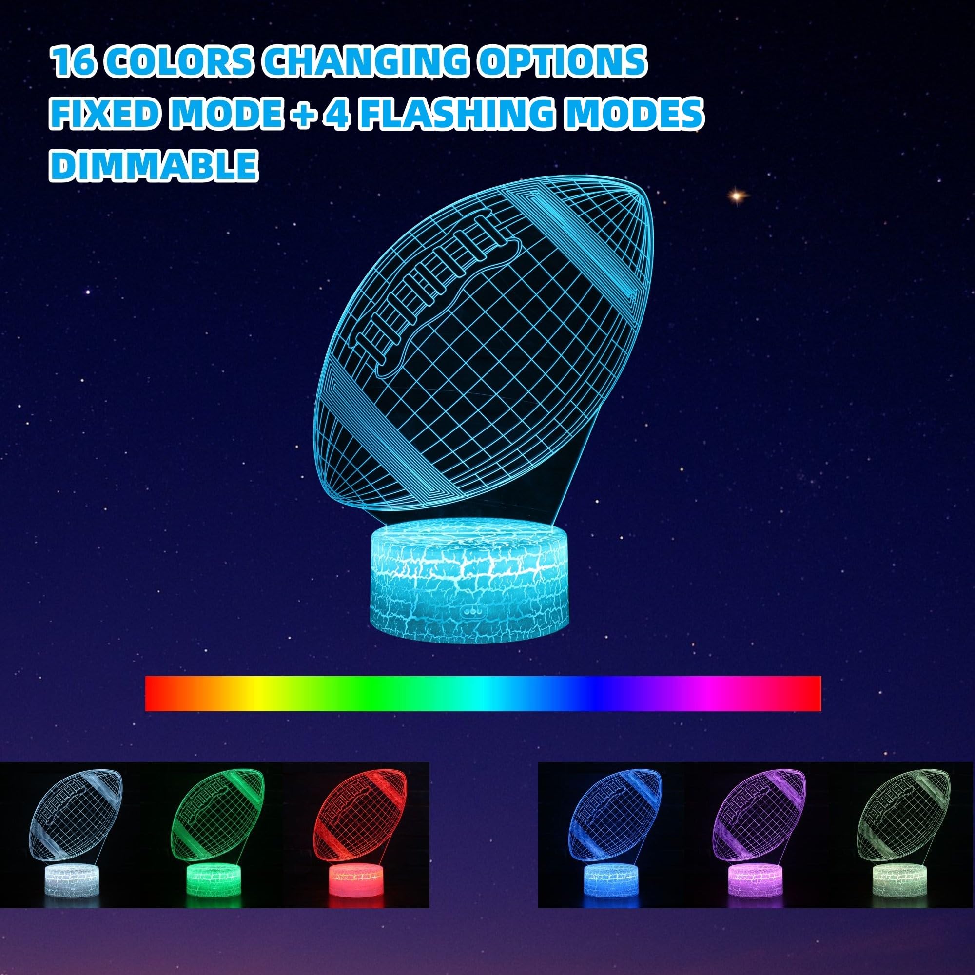Kenmaca Football Player Helmet Night Light For Kids Bedroom, 3D Illusion Lamp, 3 Patterns 16 Colors Changing Dimmable Room Decor