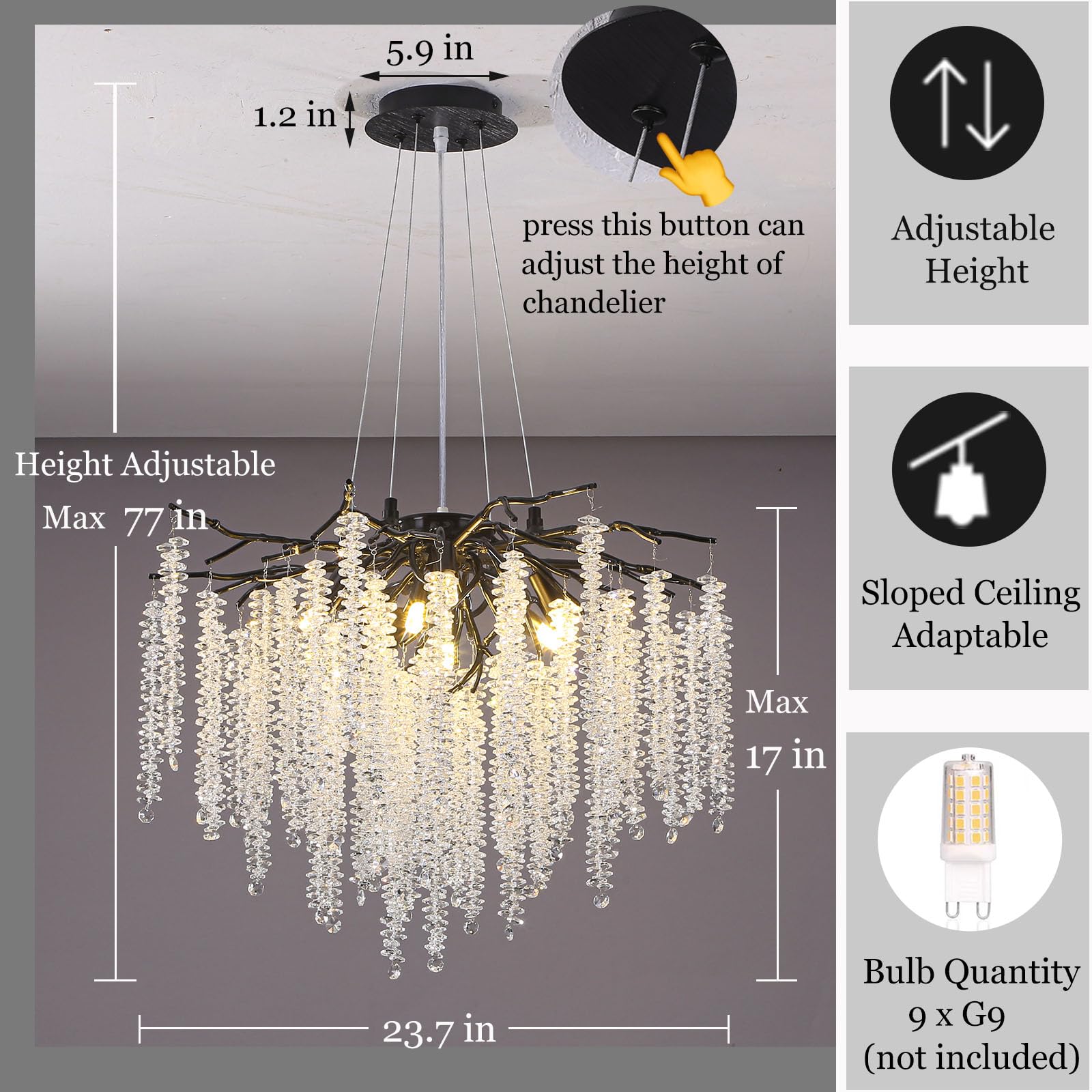 Upfelw Modern Crystal Tree Branch Chandelier - 9 Lights, D23.7'', Black, Indoor Fixture for Dining Room & Living Room, Model UBC-B09-0426