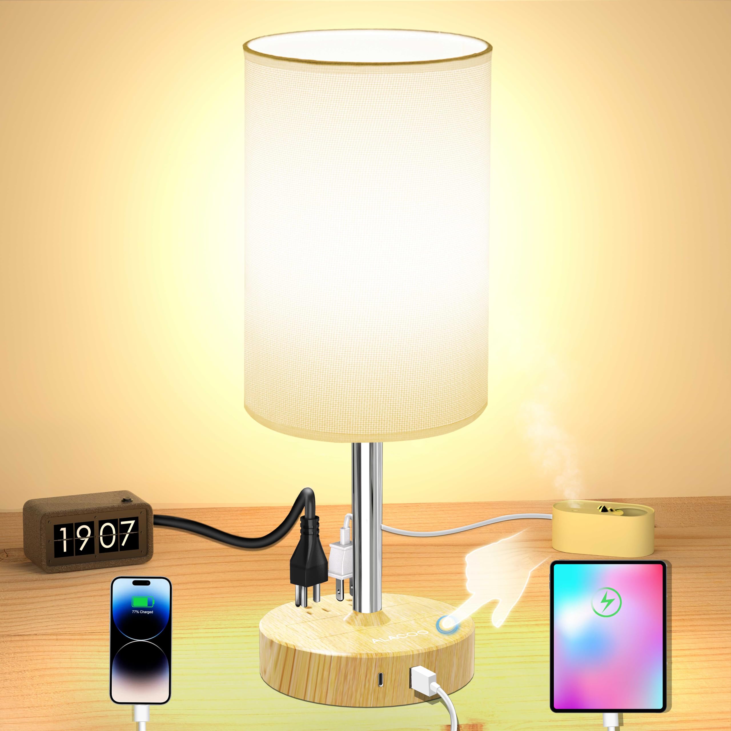 ALACOO Bedside Table Lamp for Bedroom, Touch Desk Lamps for Nightstand with USB Charging Station 3 Way Dimmer Light with (1000W)