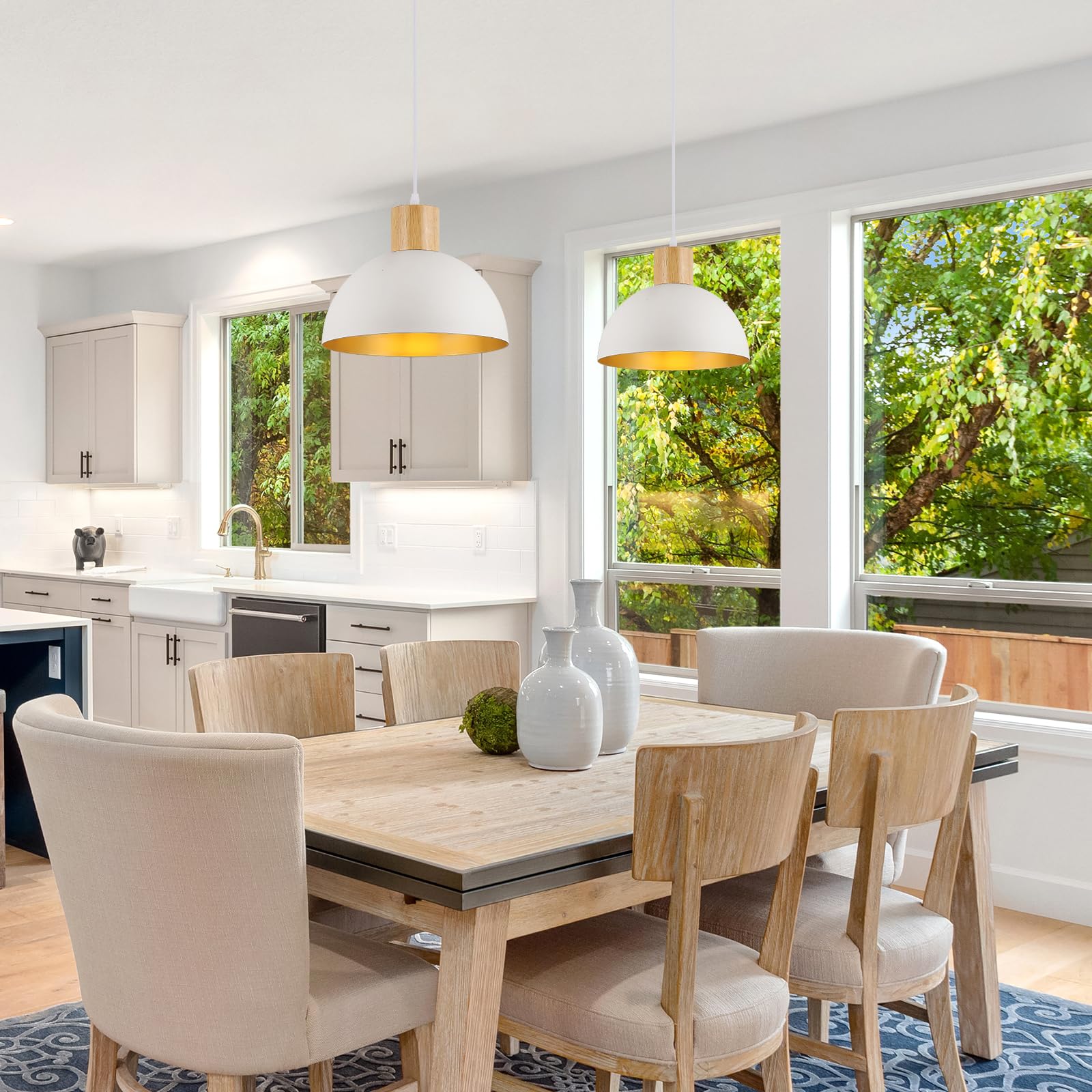 Qianzhan White Pendant Light, 11.8'' Wood Dome Pendant Lights Fixtures Adjustable Modern Hanging Lighting, For Kitchen Island Di