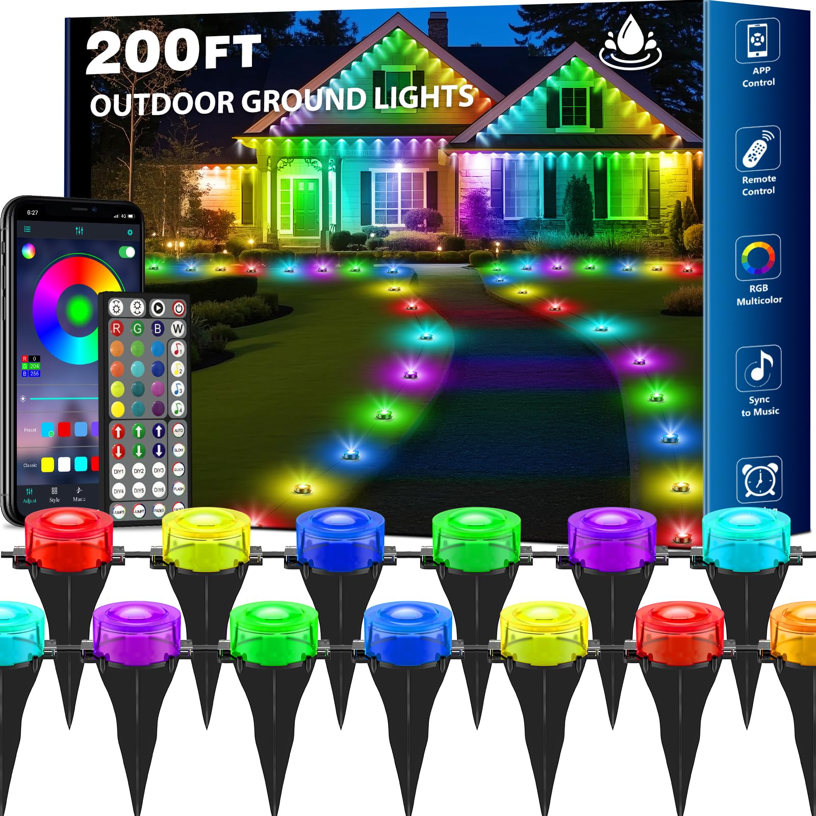 TQQVXX RGB Outdoor Ground Lights, 200FT Color Changing, Waterproof Pathway Lighting, Black, Remote & App Control