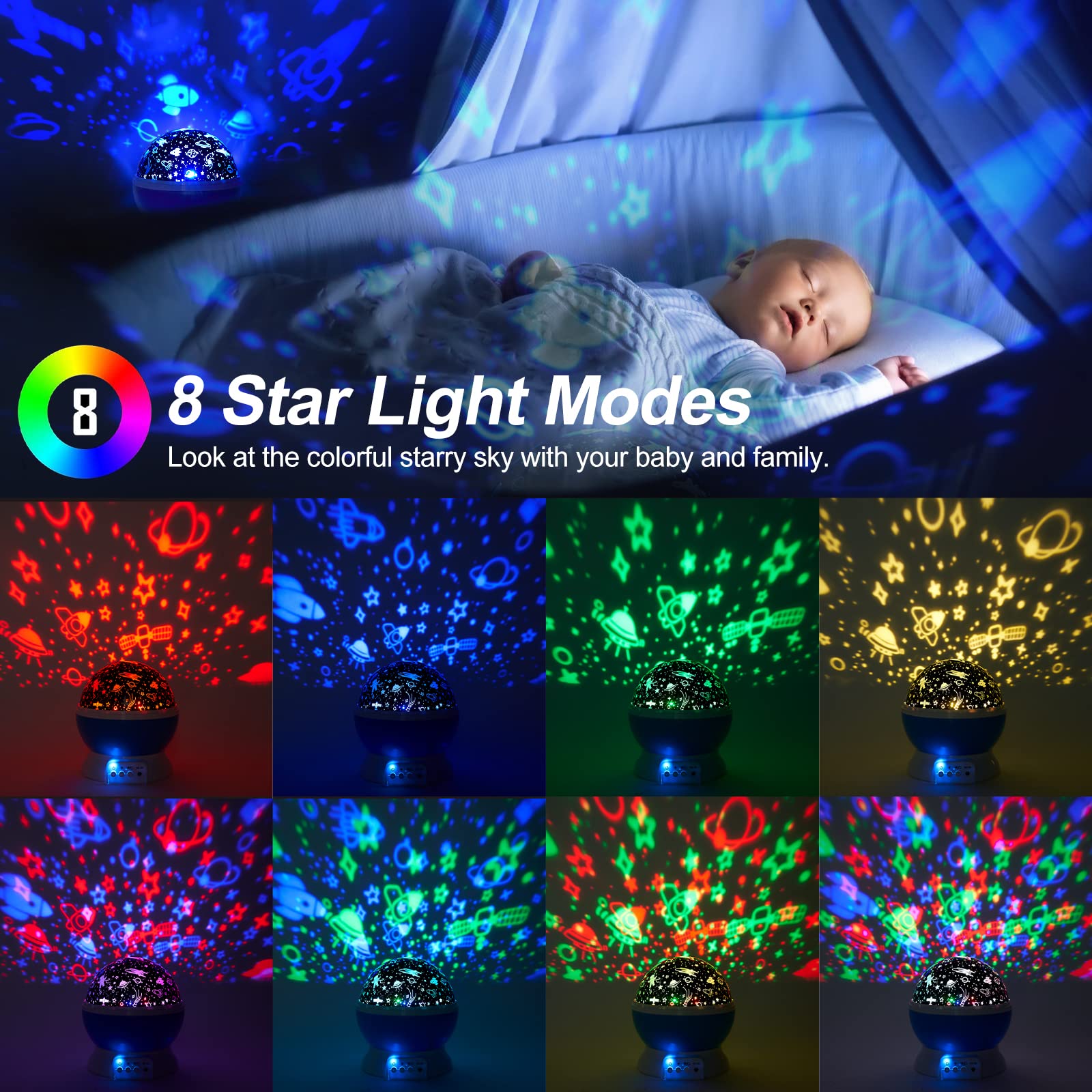 Night Light Projector with Remote Control, Baby Star Projector 360 Rotation Starry Sky Lights Space and Ocean Themes with 8 Ligh