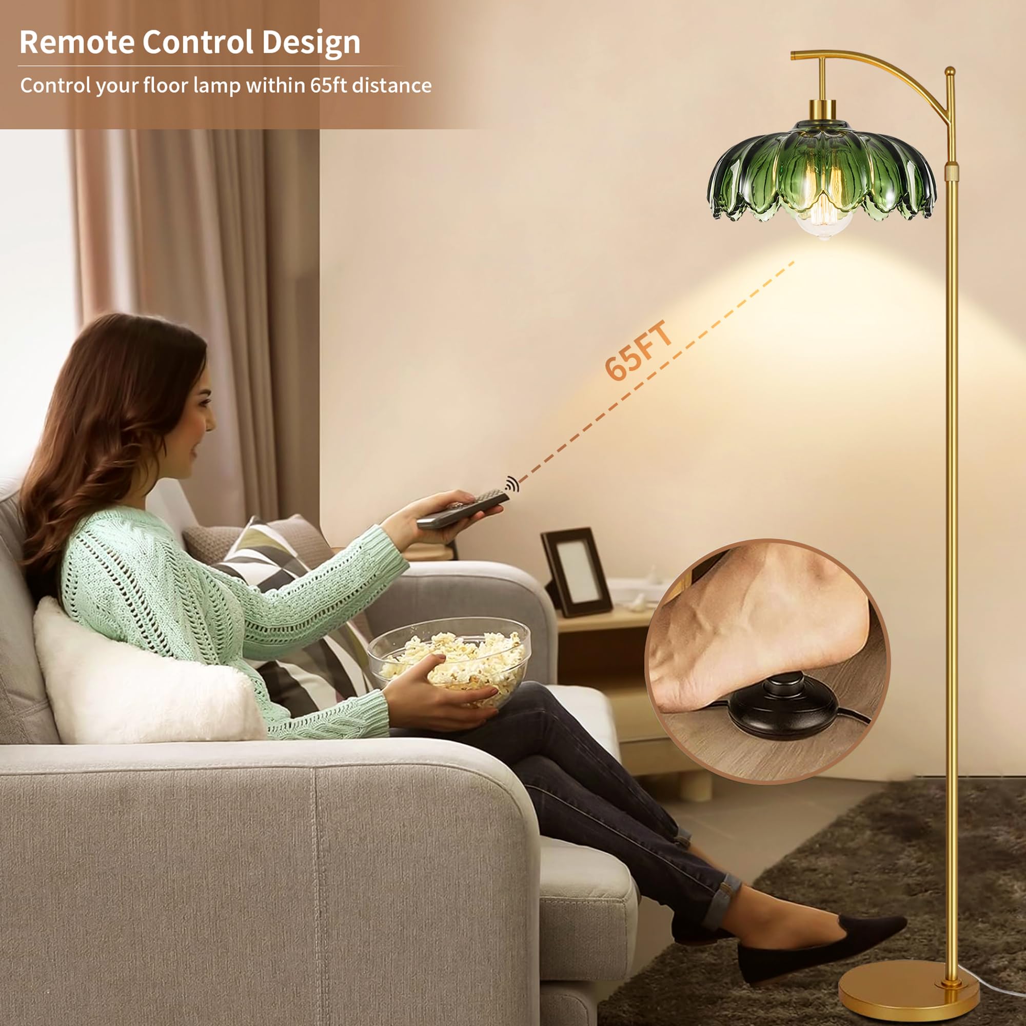Gold Floor Lamp For Living Room Arc Floor Lamp With Remote Control & 3 Color Temperature,Modern Flower Lamp With Glass Lampshade