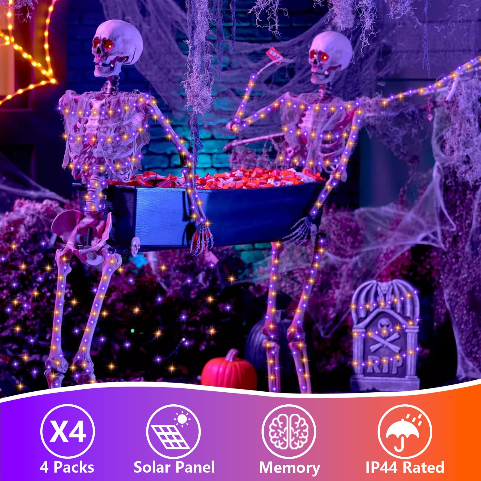 Qitong 4 Pack Orange And Purple Solar Fairy Lights, Each 33Ft 100 Led Halloween Lights Outdoor Waterproof, 8 Modes Copper Wire S