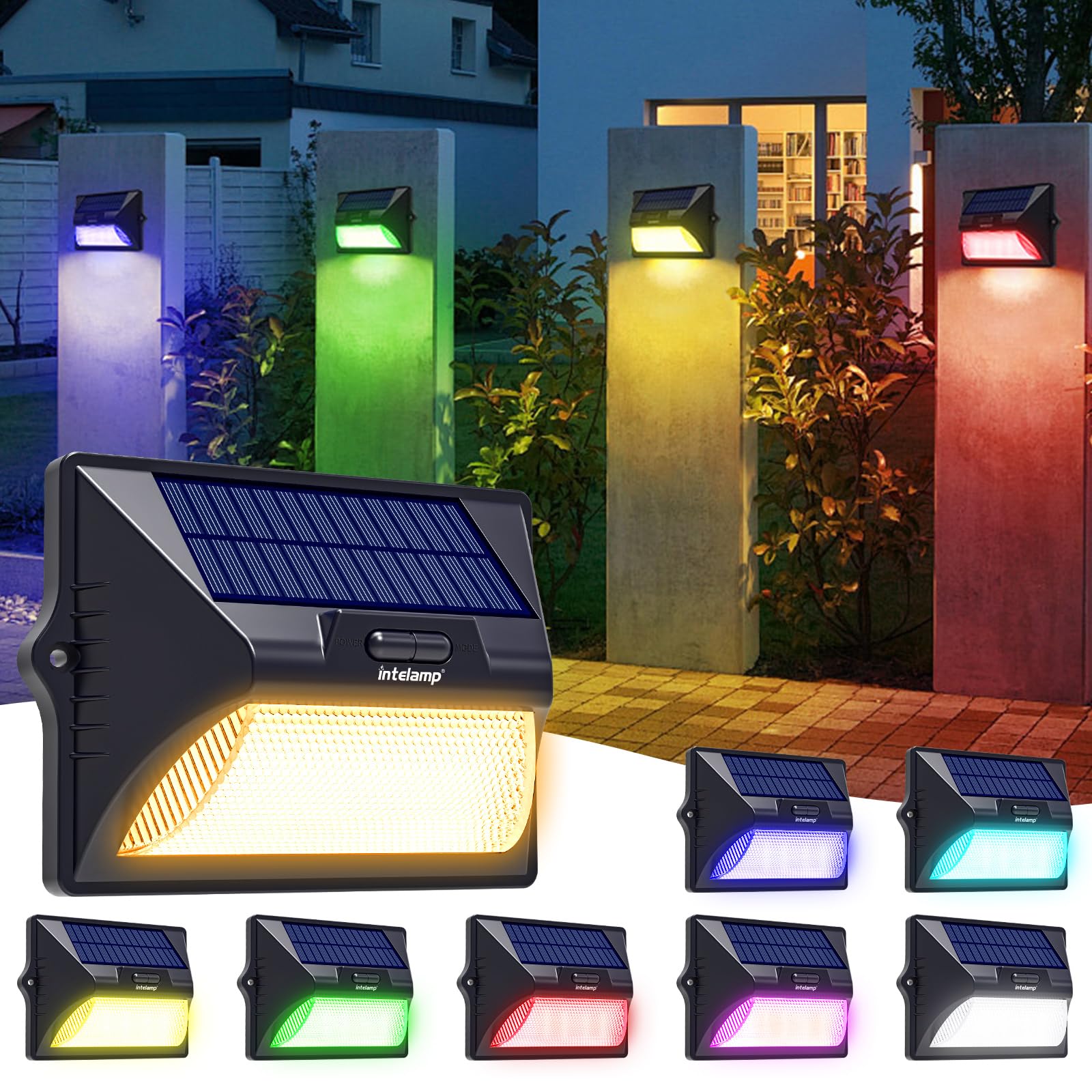 intelamp Solar Fence Lights Outdoor, 6 Packs 9 Colors & RGB Color Changing Deck Lights Waterproof, Solar Powered LED Wall Lighti