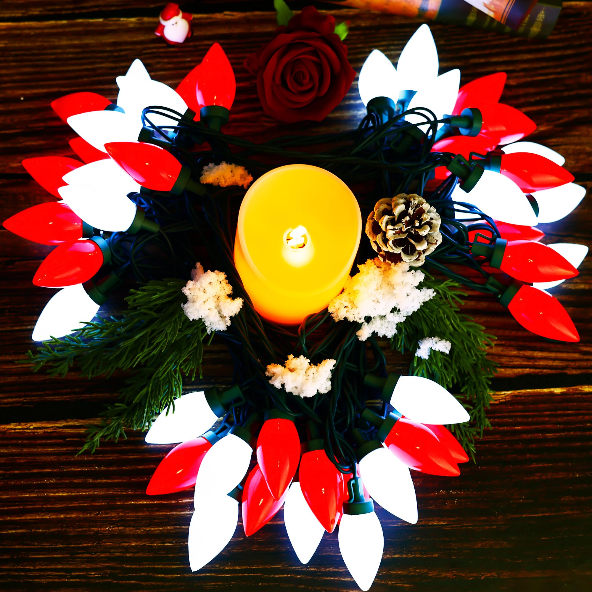 Red&White C9 Big Bulbs Classic Christmas Lights 50 Led 32Ft Strawberry Light - Waterproof Green Wire Fairy Lights, For Indoor Outdoor Home Yard Xmas Tree Decorations (Red White - 50Led)