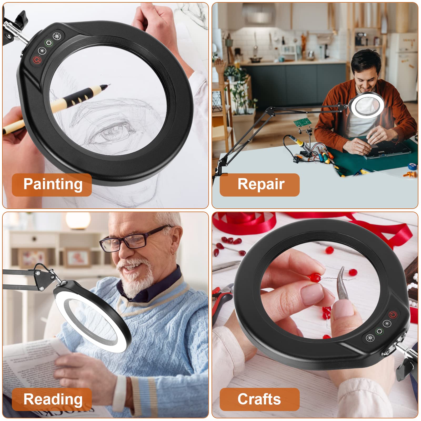 Veemagni 5 Magnifying Glass With Light, 8X Magnifier, Black, Led Clamp Desk Lamp, 5 Color Modes, 2*16 Swivel Arm, Model