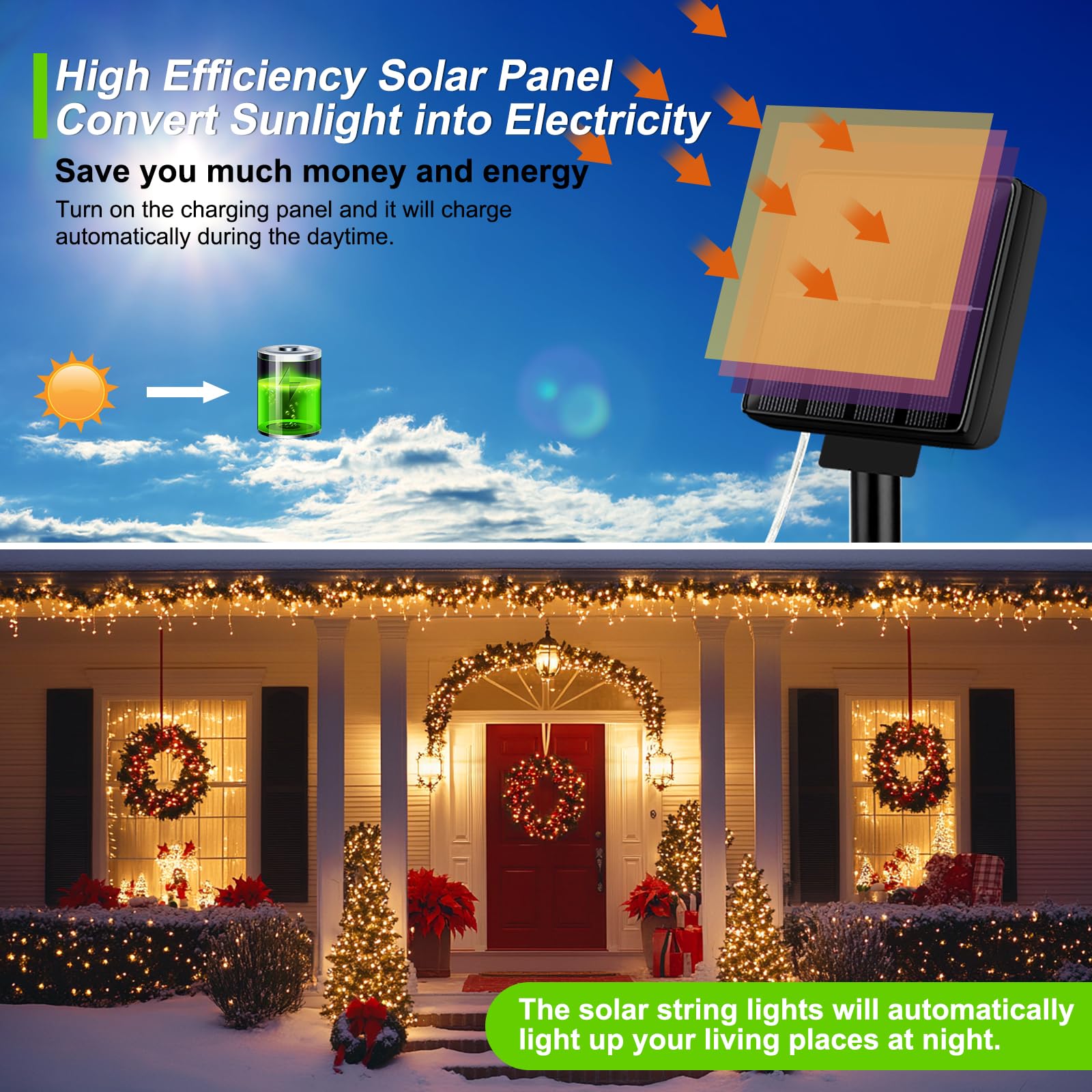 Brightever Solar Fairy Lights, 400 LED, 160FT, Waterproof, 8 Lighting Modes, Warm White, Model OKDMX-KN-SSL-01-WW