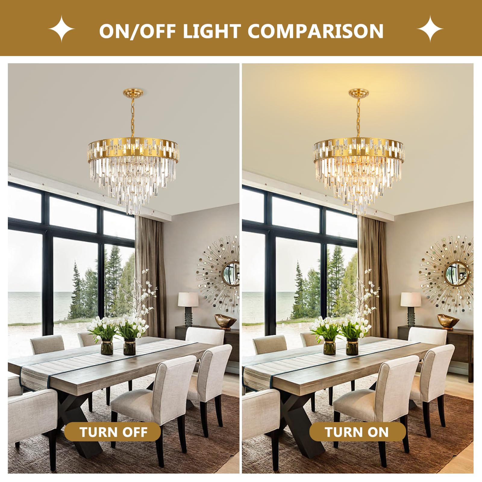 AKDXIRUN Gold Crystal Chandelier - Modern 5-Tier Pendant Light, Stainless Steel & K9 Crystal, W24 inches, Ideal for Dining Room & Living Spaces