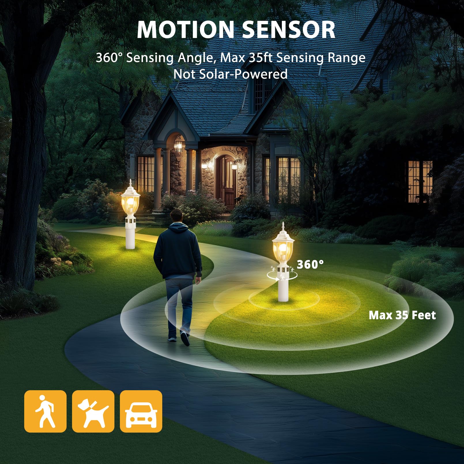 Lamomo Motion Sensor Outdoor Post Light - Waterproof Aluminum Lantern, Dusk to Dawn, White, 1 Pack for Yard, Patio, Garden