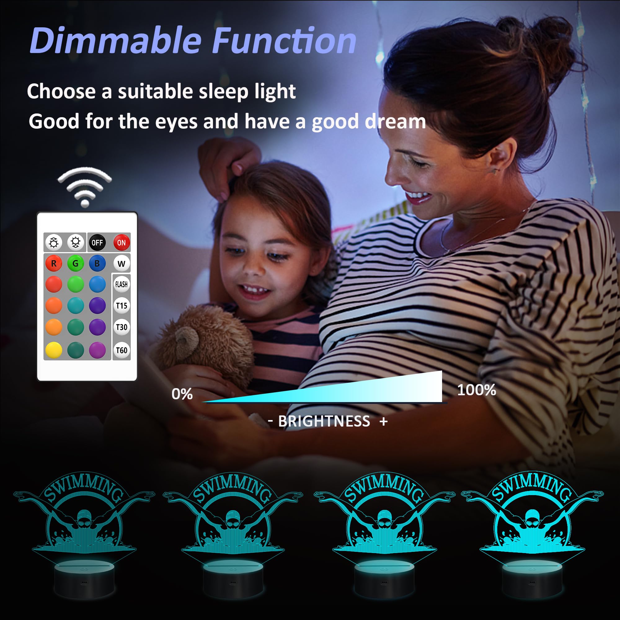 OkiyiD 3D Illusion Lamp Night Light for Kids, Swimmer Decor, 16 Colors Remote, Acrylic, Model FS-2810-9999, Color 11