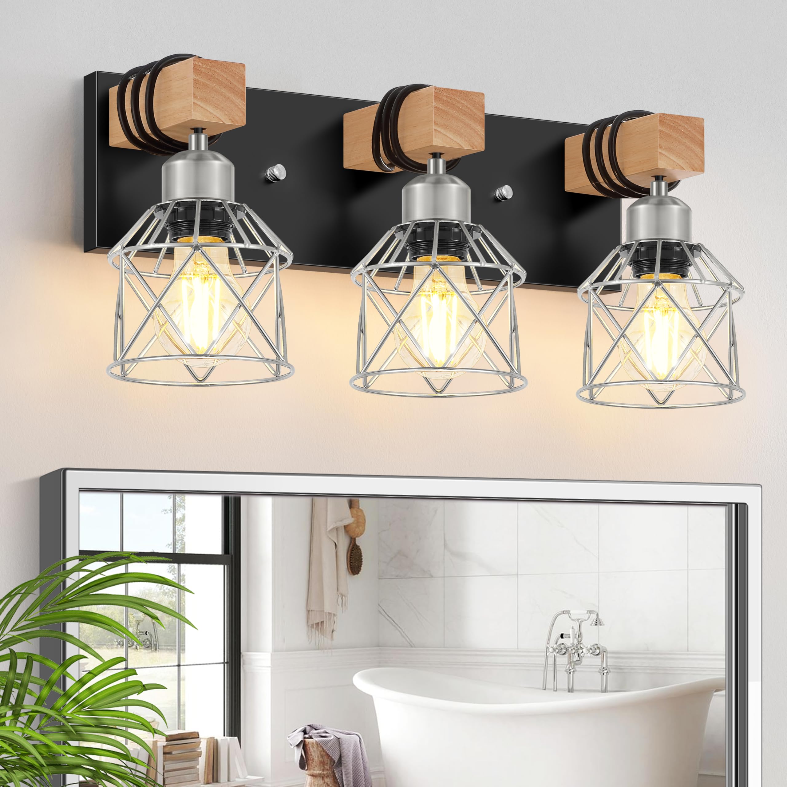 FadimiKoo 3-Light Wood Bathroom Light Fixtures Over Mirror  Rustic Black Silver Famhourse Sconces Wall Decor with Elegant Metal Lampshade for Living Room  Bedroom  Porch