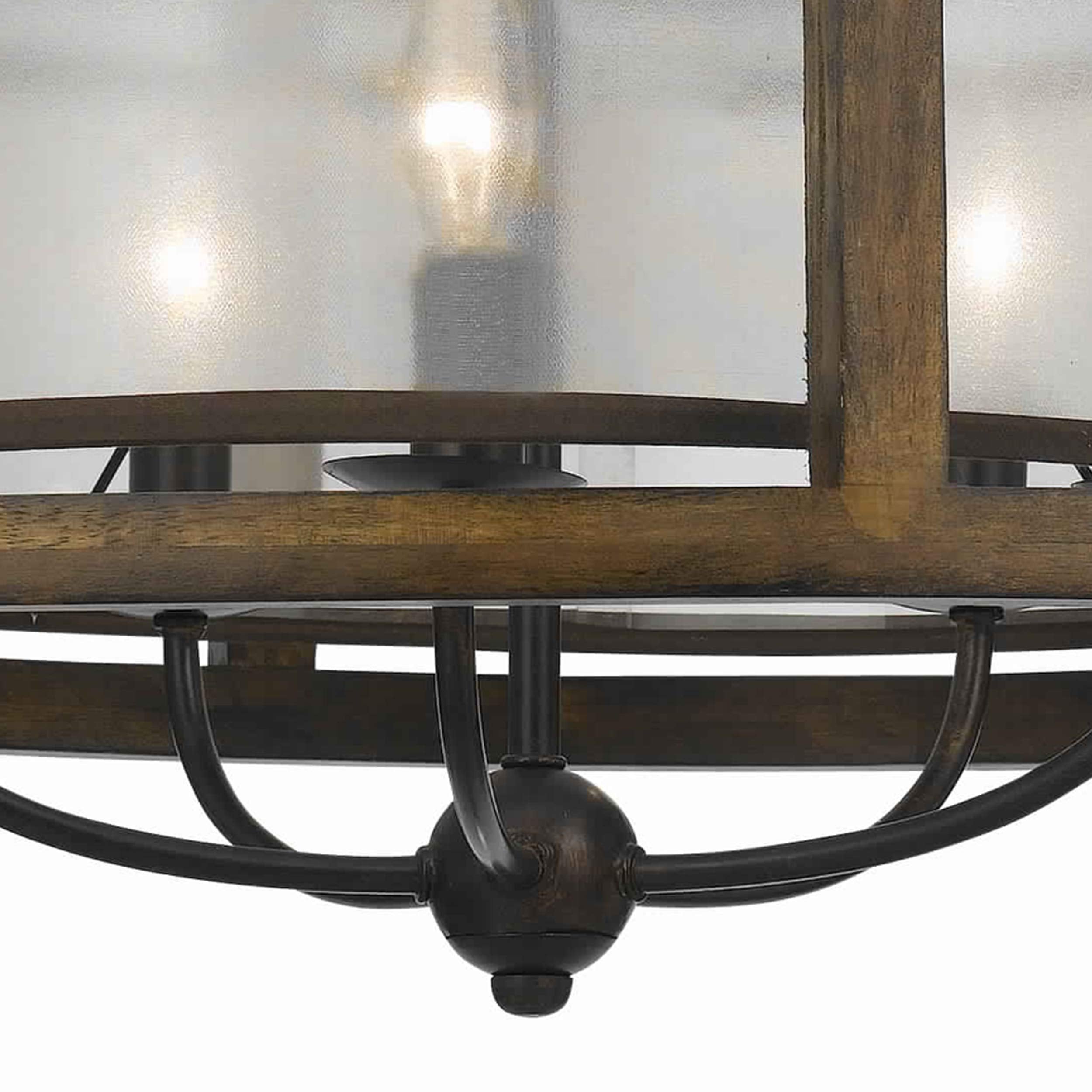 5 Bulb Round Chandelier With Wooden Frame And Organza Striped Shade
