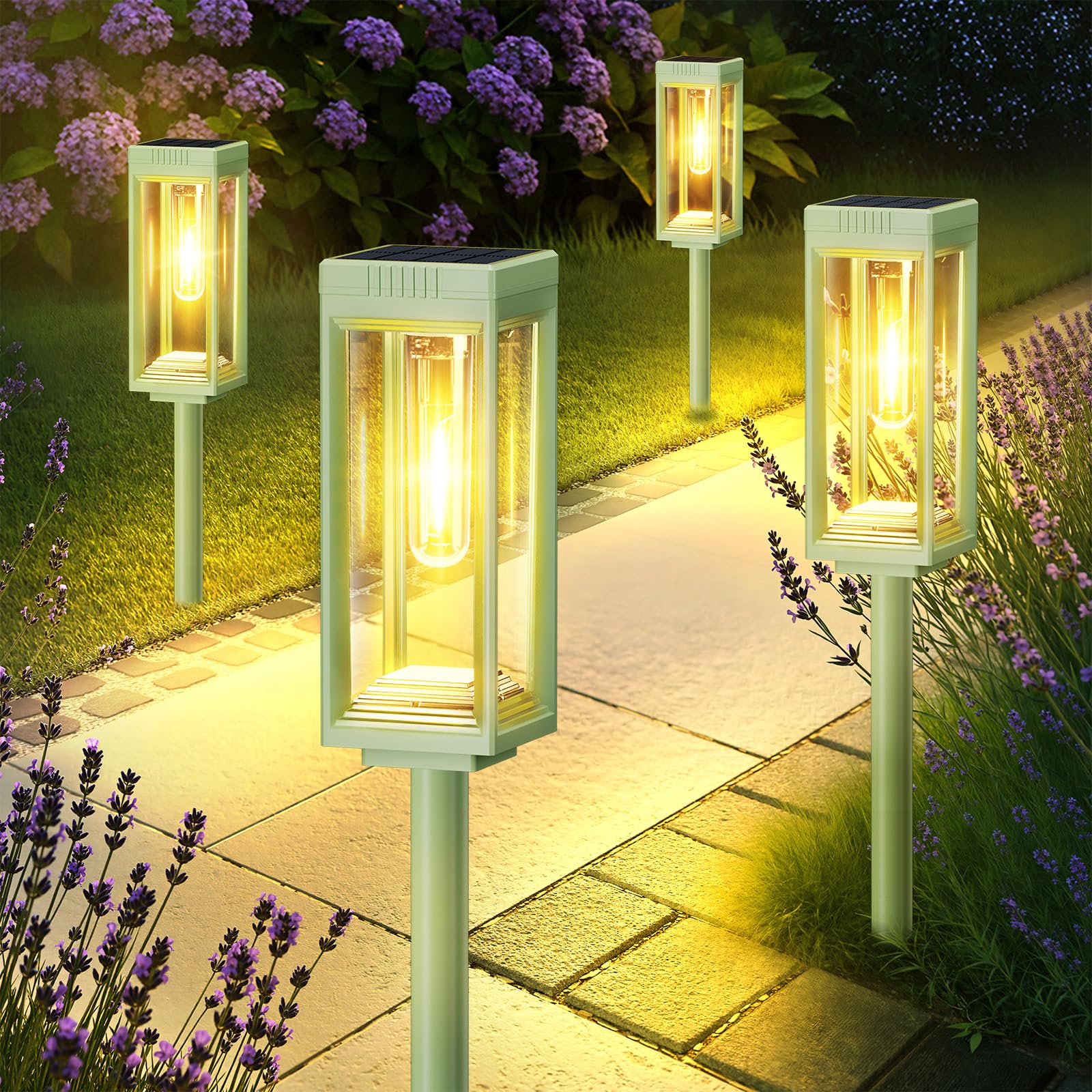 Bright Solar Pathway Lights Outdoor Waterproof  4 Pack Upgraded Solar Lights  15+ Hours Runtime Garden Light  Auto On/Off  Lighting For Outside Yard Walkway Driveway Landscape  Warm White-Green Shell