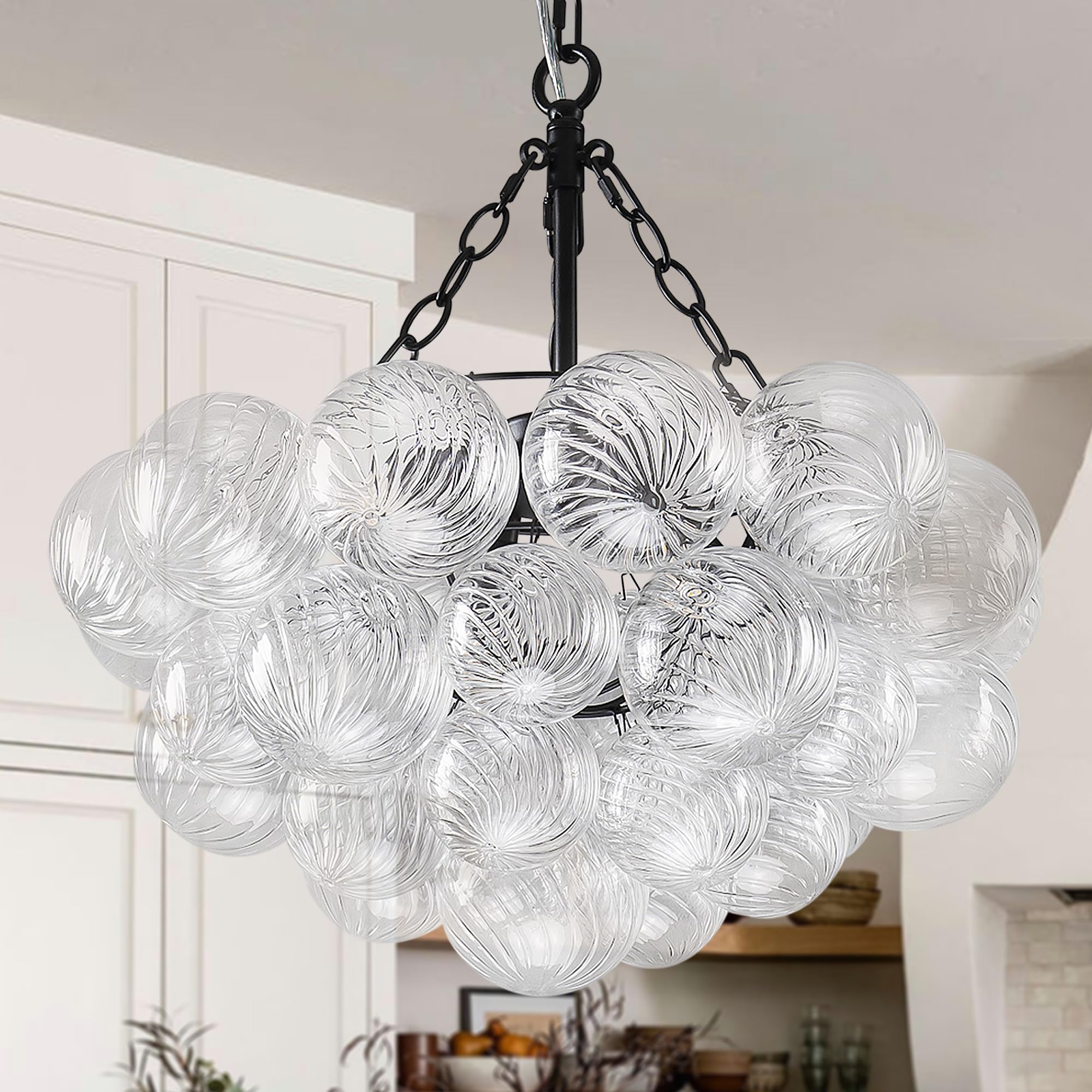 Beypan Bubble Glass Ball Chandelier Black Ceiling Light Fixtures Swirled Clear Ribbed Blown Glass Globe Chandeliers 20'' Dia Pen