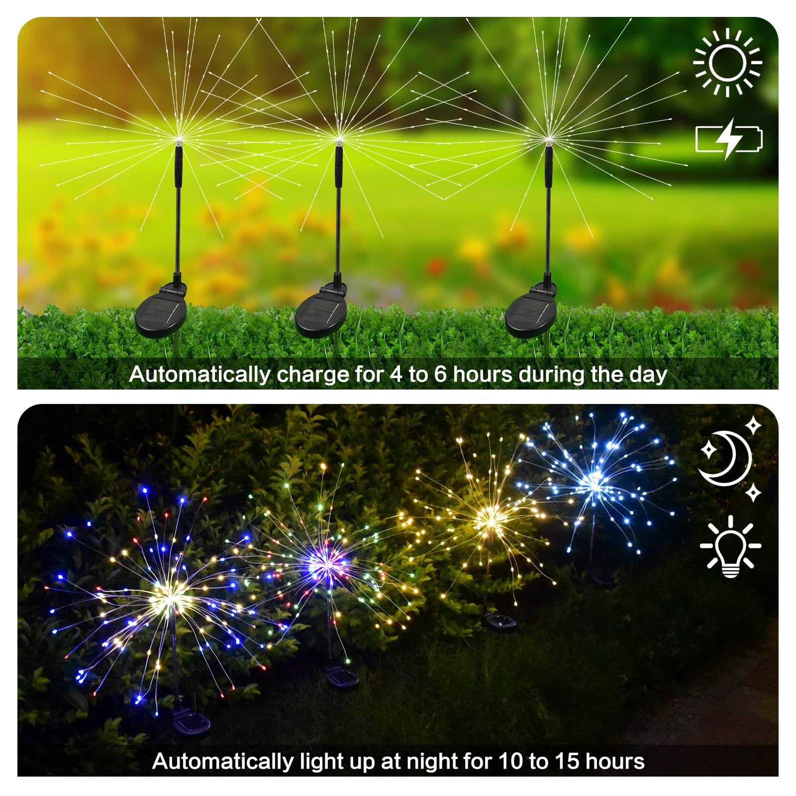 Donguli Outdoor Solar Garden Lights, 120 Leds 8 Lighting Modes Waterproof Solar Fireworks Light Sparklers For Patio Walkway Yard Courtyards Pathway Christmas Party Decorations, Colorful(4 Pack)