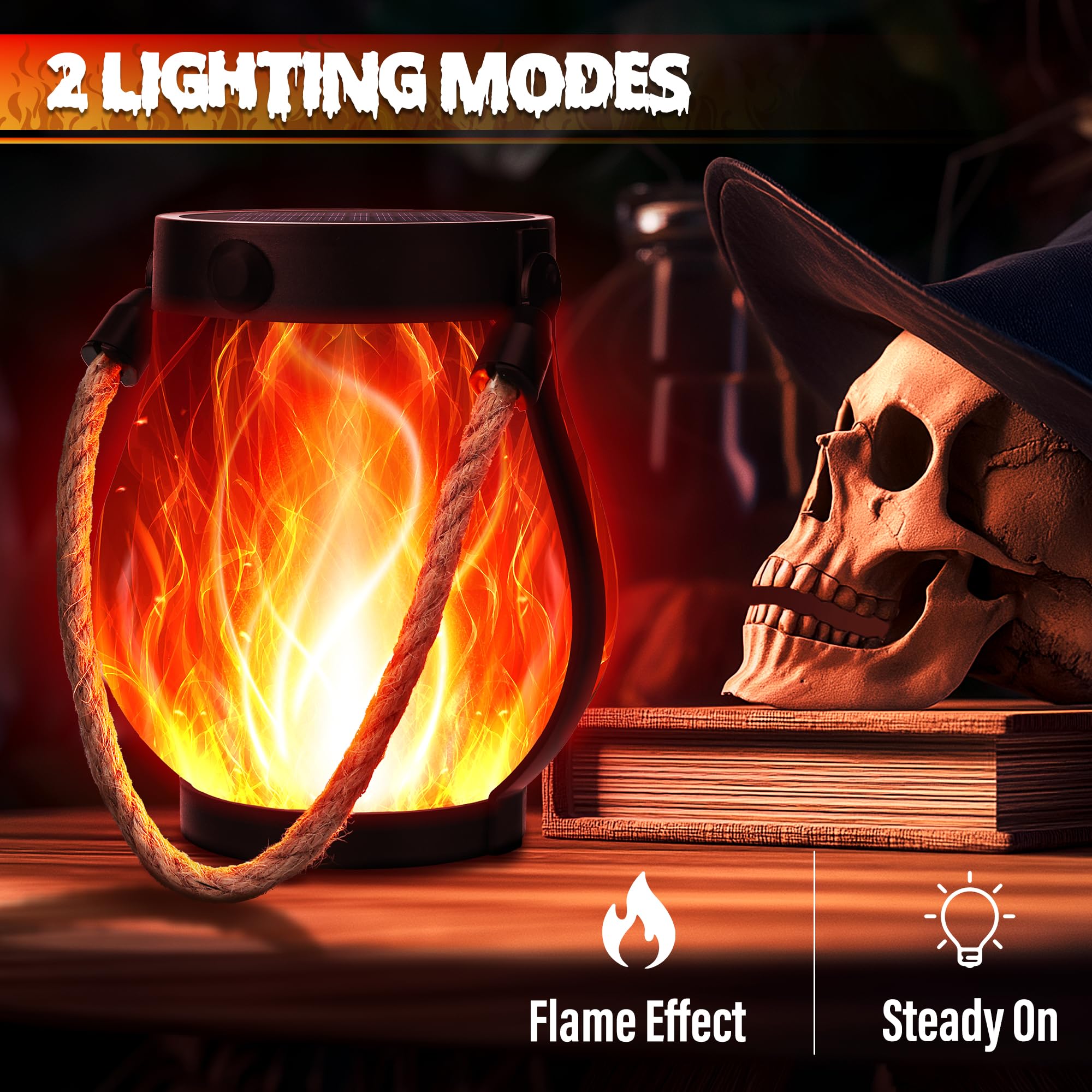 Ibaycon 2 Pack Solar Lanterns Lights  Halloween Flickering Flame Garden Lights With 2 Modes Dual Charging Usb & Solar  Outdoor Waterproof Hanging Lantern For Party Holiday Halloween Decor (Red)