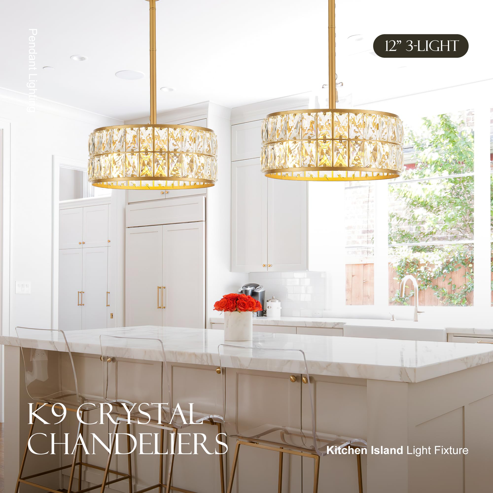 Salaiwei 12    3-Light Modern Crystal Chandeliers Gold Dinning Room Light Fixture, Round Pendant Light Kitchen Island Chandelier