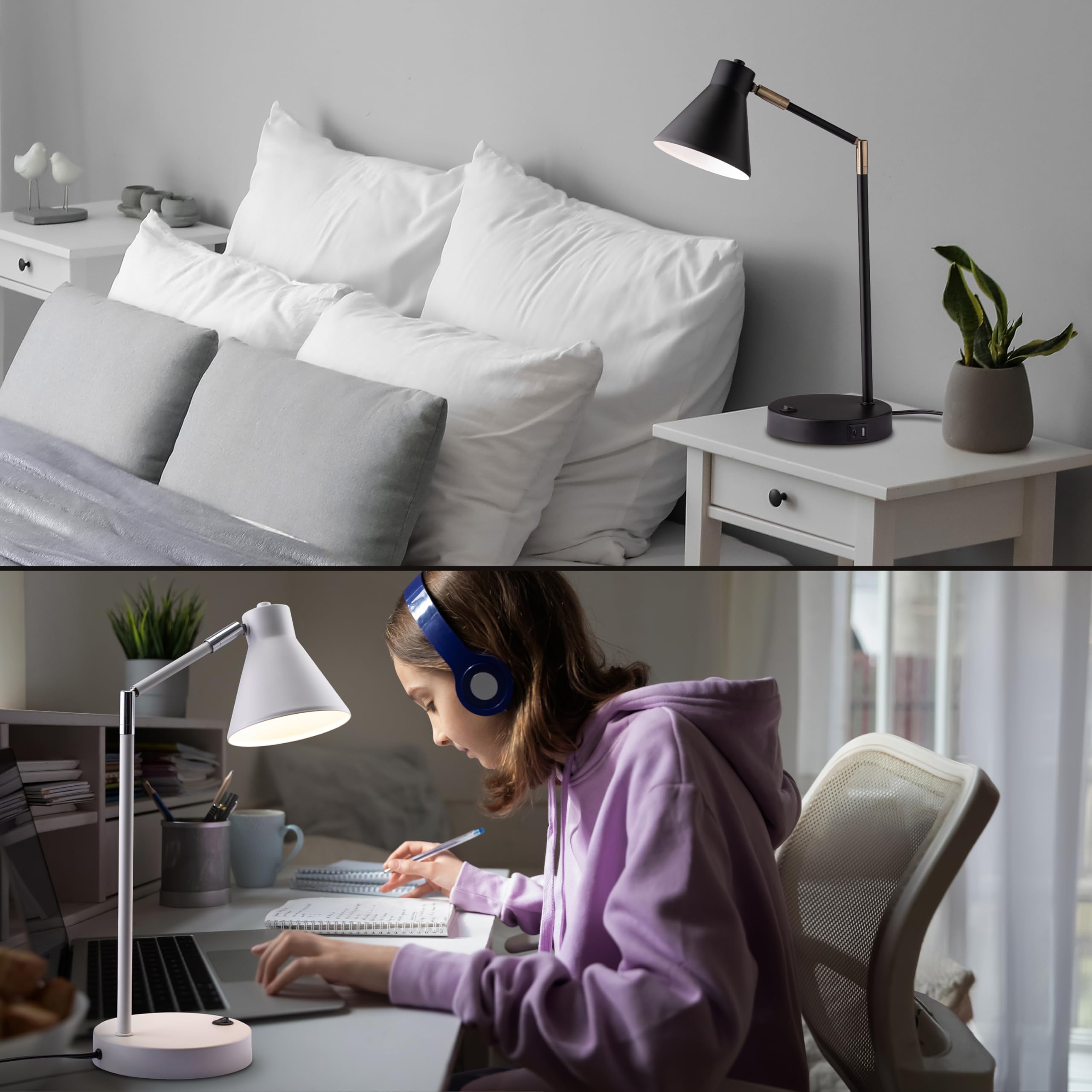 OBright LED Desk Lamp, 100% Metal, 270° Swivel Arms, Soft White Light, Dual USB Charging Ports, Model OB-DL03UC, White