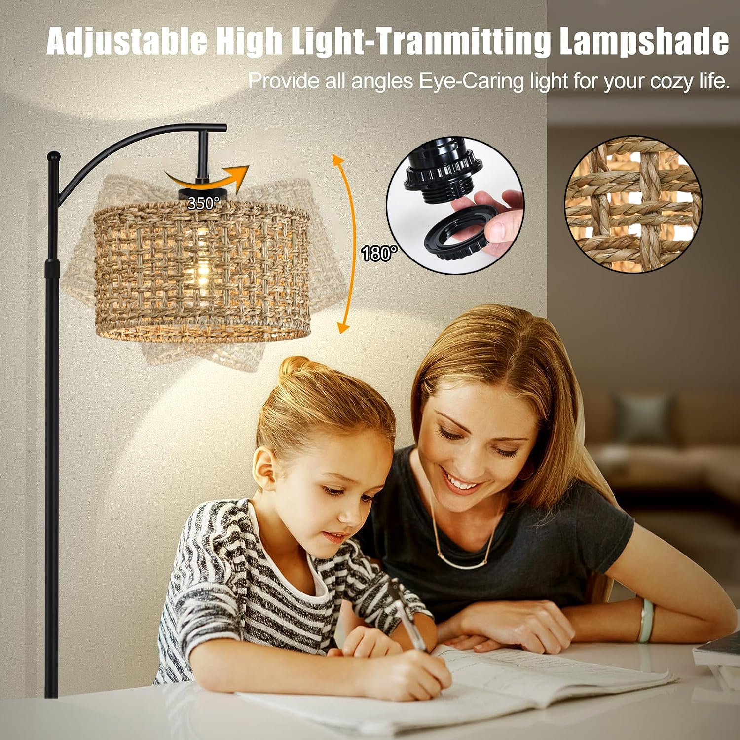 Arc Floor Lamp For Living Room With Remote Control,Farmhouse Boho Floor Lamps With 3 Color Temperature,Rustic Standing Lamp With Rattan Wicker Shades,Adjustable Tall Lamp For Bedroom,Office,Reading