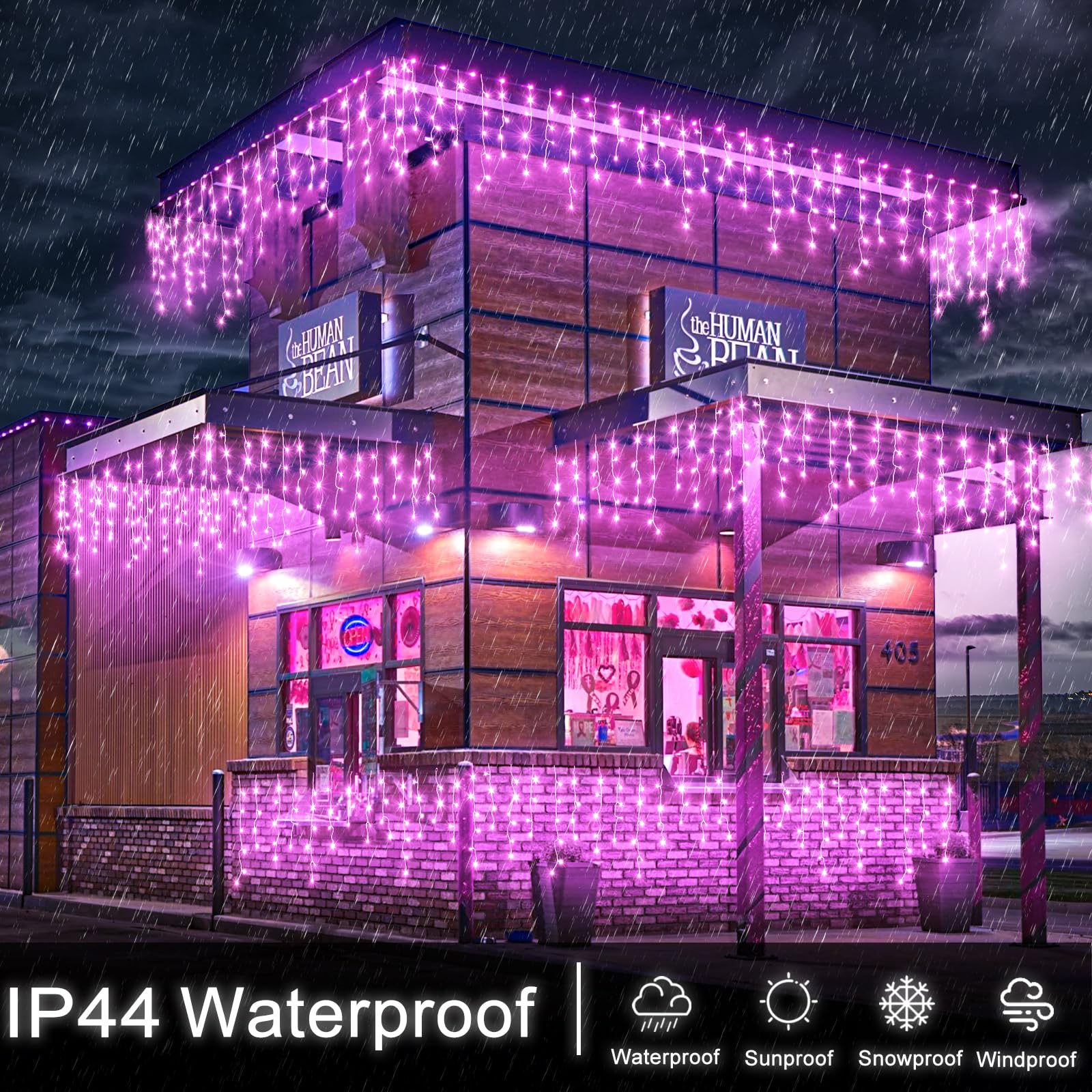 Einiiya Christmas Lights Outdoor 66ft 640 LED Waterproof Pink Icicle Lights, 8 Modes, Model BG-CL3M3-306L01