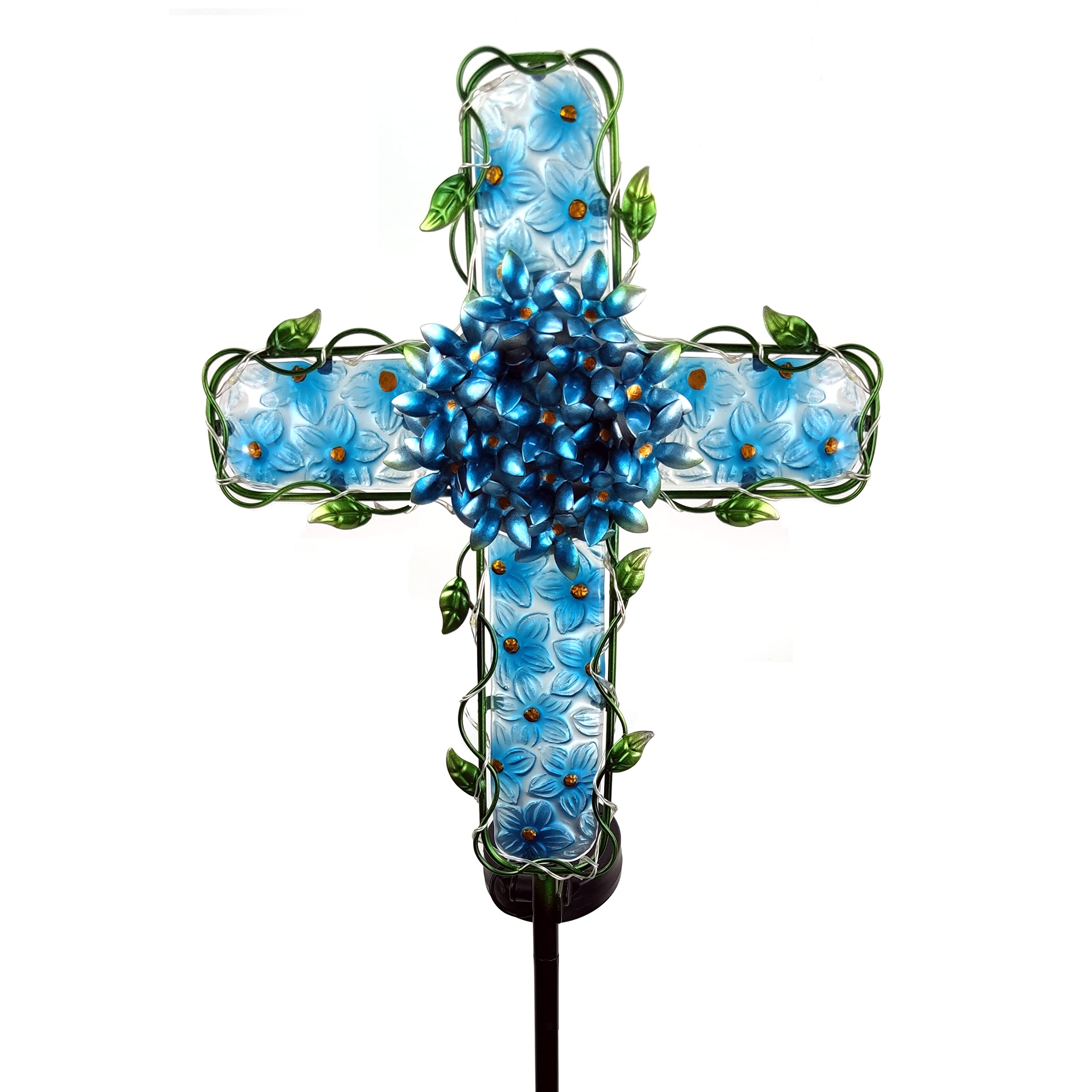 COOZZYHOUR Solar Cross Garden Lights Outdoor Decorative - Solar Metal&Glass Cross Blue Hydrangea Flower Stake Lights- Waterproof