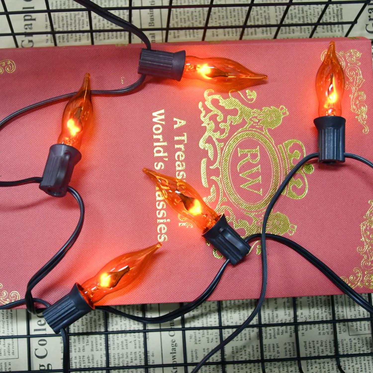 Pasuto Flickering Flame String Lights Orange Halloween Lights With 10 Pack C7 Orange Flame Light Bulbs, 12.8Ft Orange Flame String Lights For Halloween Decorations For Home Party Yard