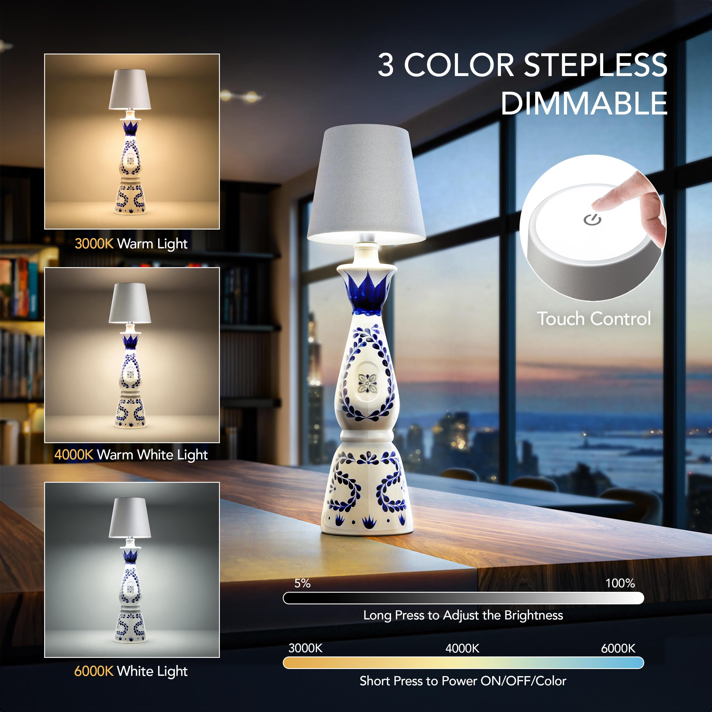 PRIDOLA Wireless Bottle Lamp - LED, Waterproof, Adjustable Brightness 3000-6000K, Rechargeable, Silver, Model WBL02