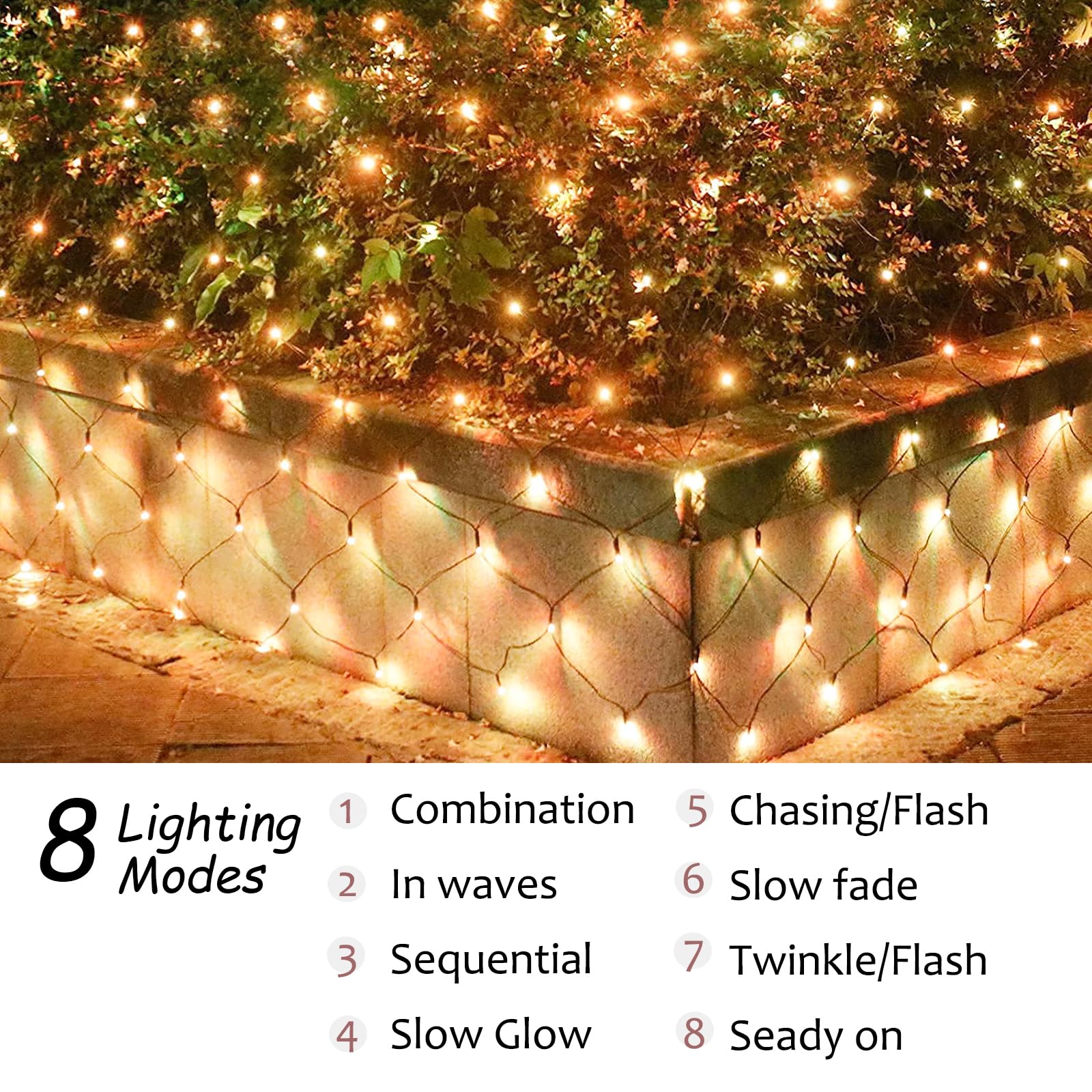 FunNite Solar Net Lights 240 LED Waterproof Mesh 11.5ft x 5ft Remote Control Warm White