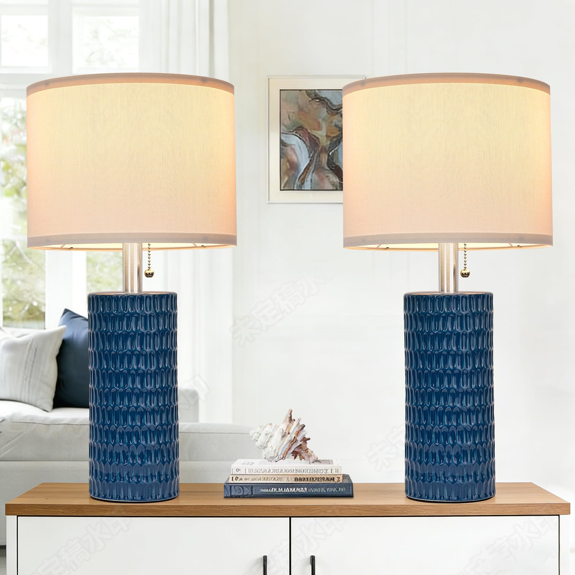 Reaketon Table Lamps for Living Room Set of 2  Ceramic Table Lamps for Bedroom  20 Modern Lamps for Night Stands  Blue
