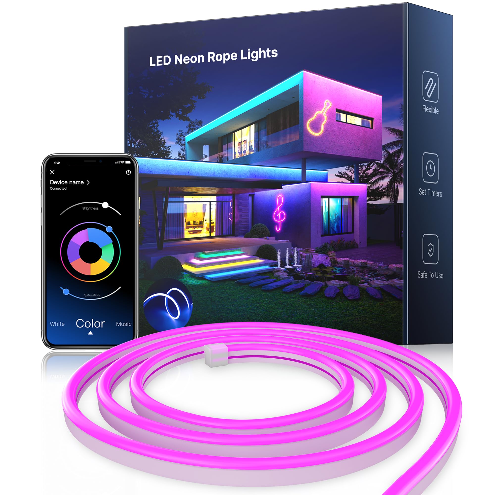 Nexillumi Neon LED Rope Lights 16.4FT, IP67 Waterproof LED Lights for Bedroom Flexible LED Light Strip with Remote and APP Contr