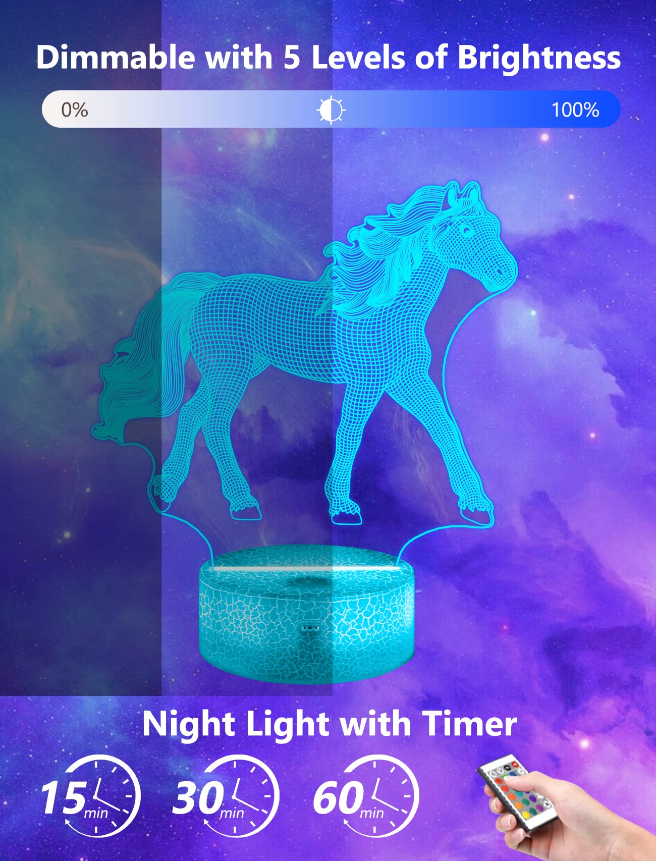 FULLOSUN Horse 3D Night Light, 16 Colors, Remote Control, Acrylic Lamp for Kids, Birthday Gifts for Boys & Girls