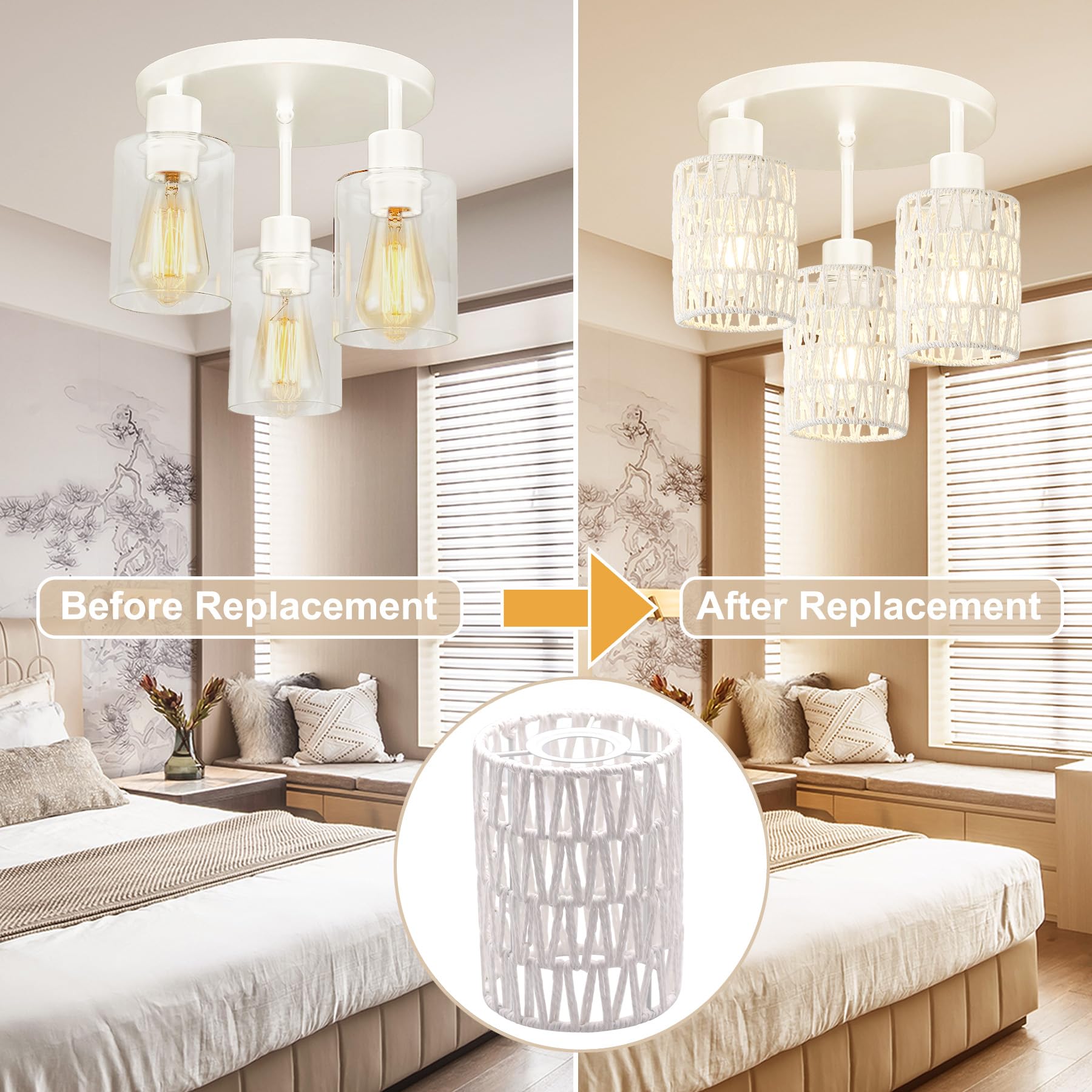 Giutna 3-Pack Boho Rattan Lamp Shades, 6.3''H X 4.9''D Woven Small Lamp Shade Replacement, 1.63In Fitter Farmhouse Pendant Light