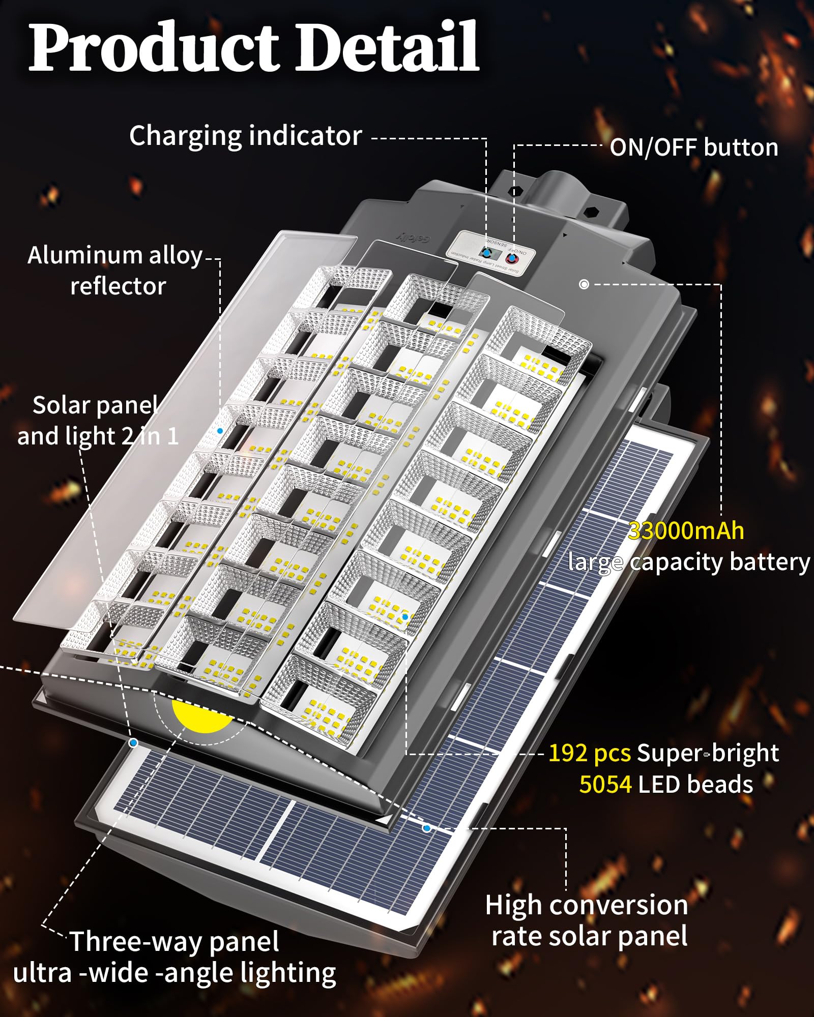 Gefolly SL-8600W Solar Street Light - 680000LM, IP67, Dusk to Dawn, Black, Motion Sensor for Outdoor Security and Parking Lots